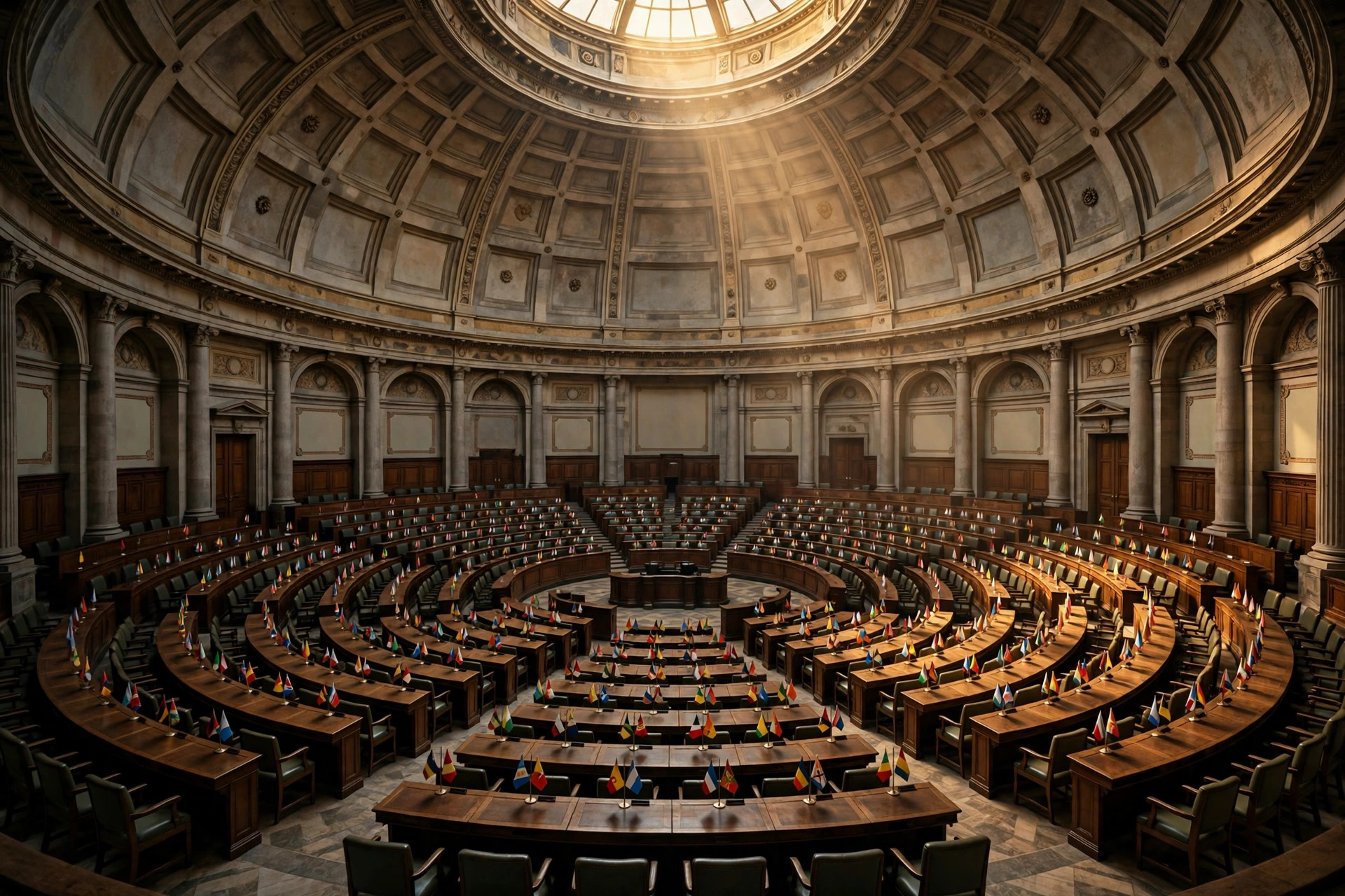 Editorial illustration of a grand domed parliamentary hall with curved rows of desks and small flags, lit by warm light from above
