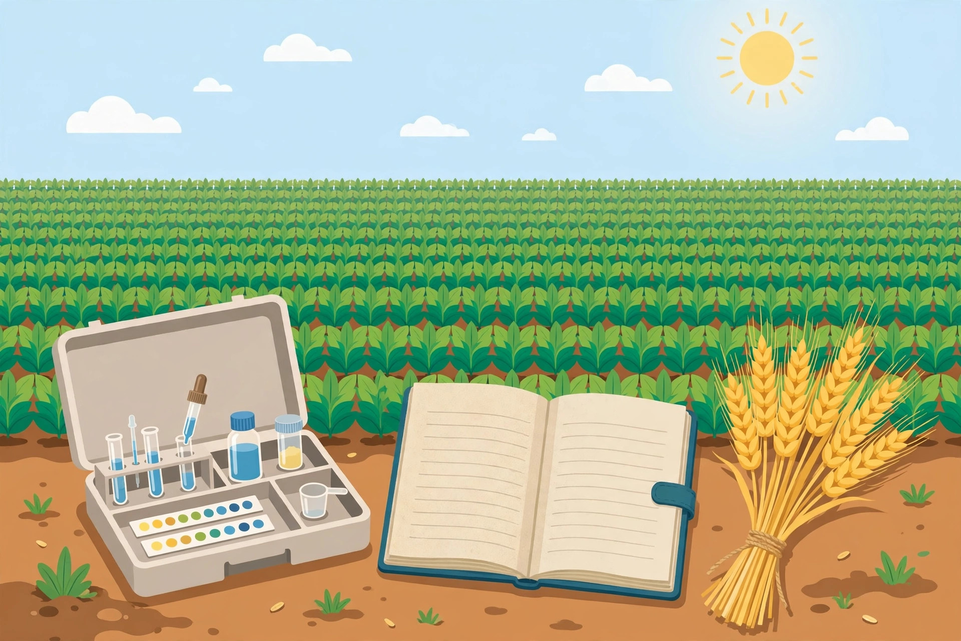 Illustration of green crop rows, a soil testing kit, a notebook and wheat stalks