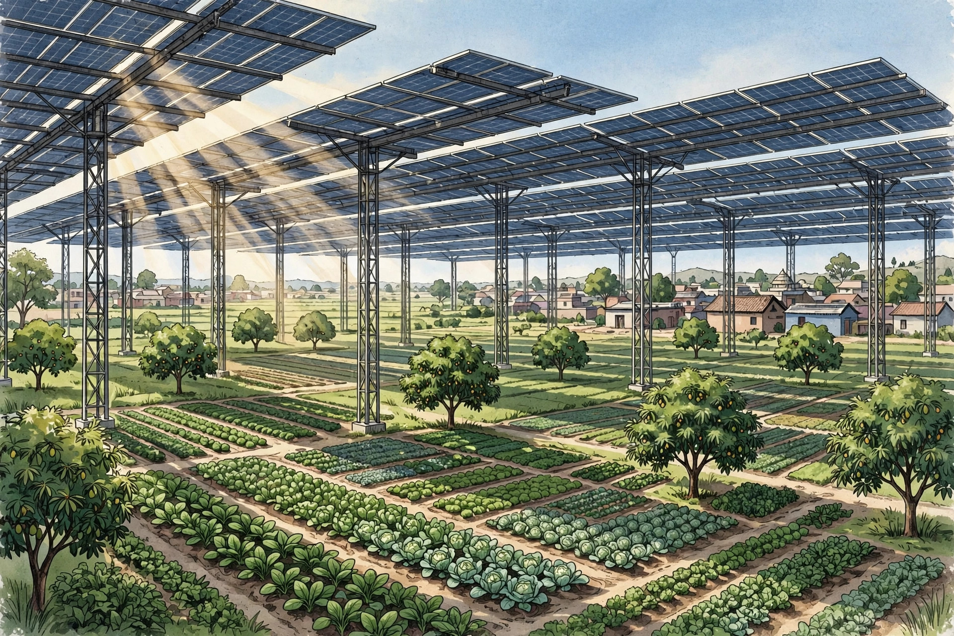 Editorial illustration of elevated solar panels on tall stilts above a green farm field with leafy vegetable rows and fruit trees growing underneath