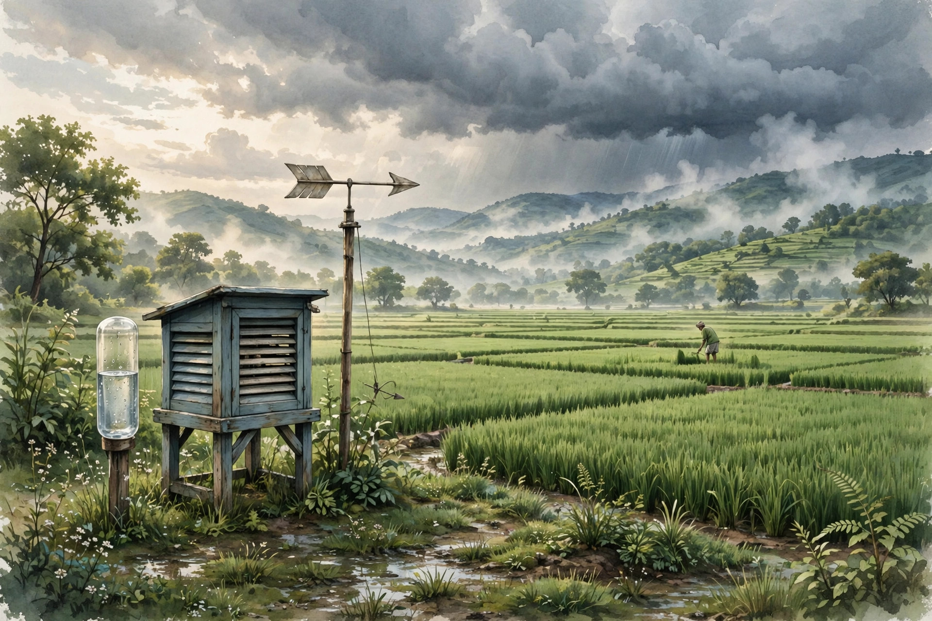 A rural weather station with rain gauge beside green crop fields under monsoon clouds