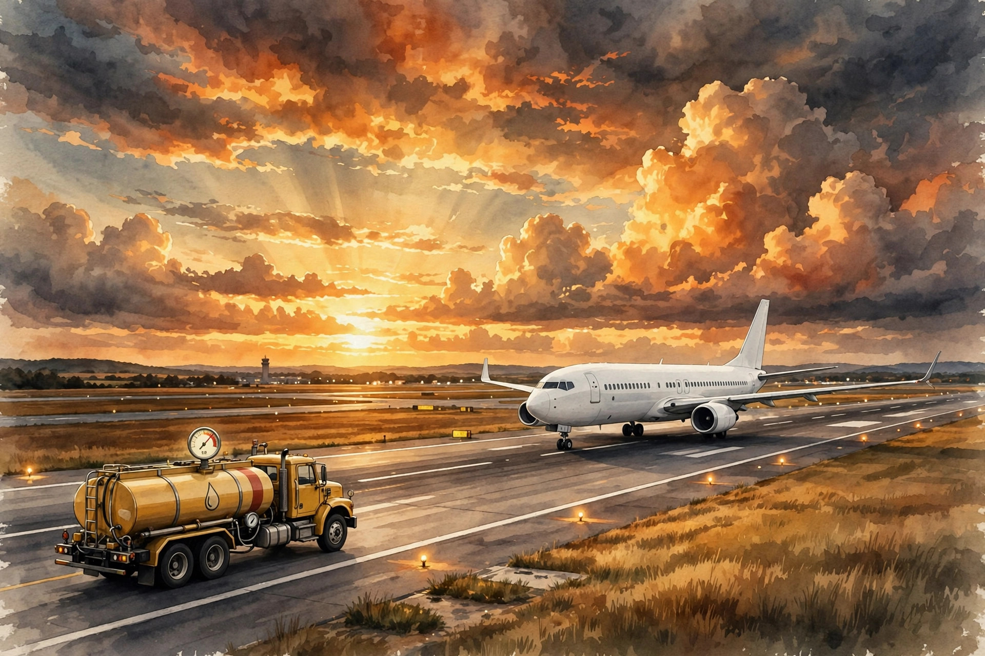 Editorial illustration of an unbranded white passenger jet taxiing on a runway at sunset with a fuel tanker nearby