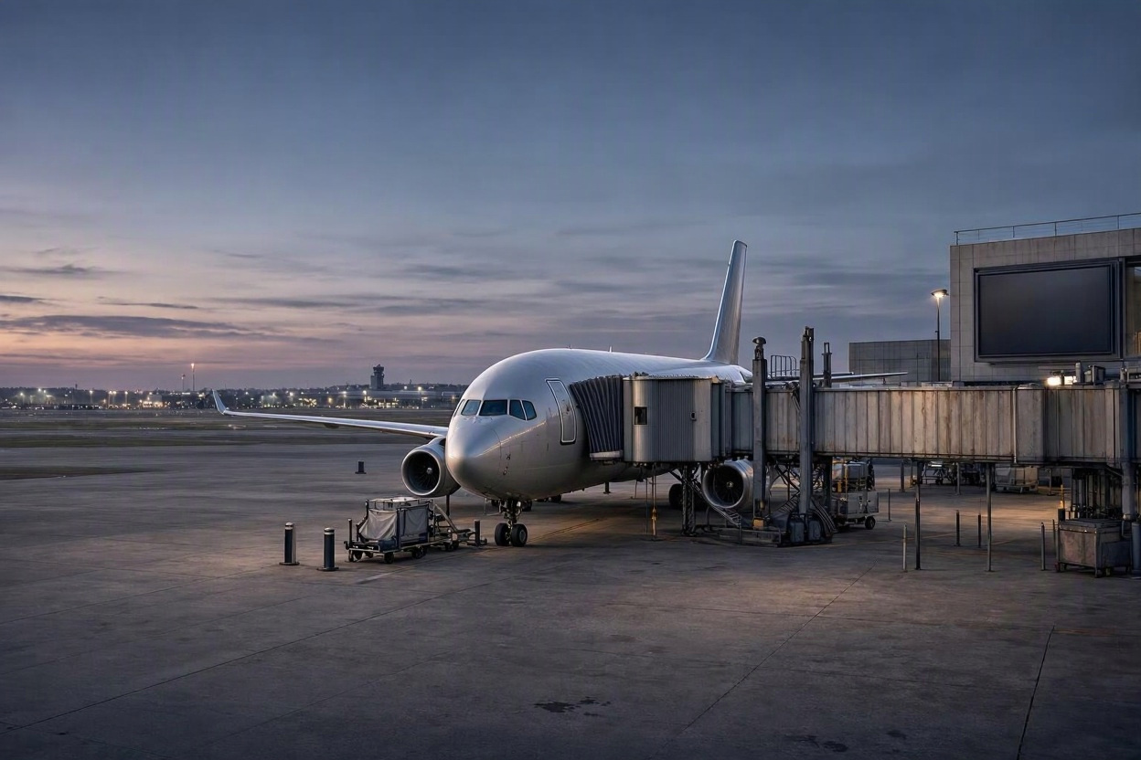 Editorial illustration of a passenger airplane parked at an airport gate at dusk, symbolising suspended flights to Saudi Arabia