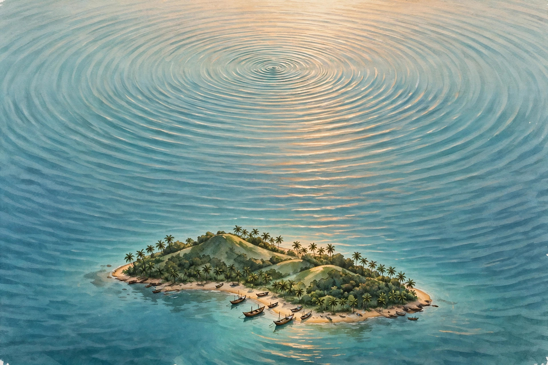 Editorial illustration of a tropical island with ripples spreading across the sea