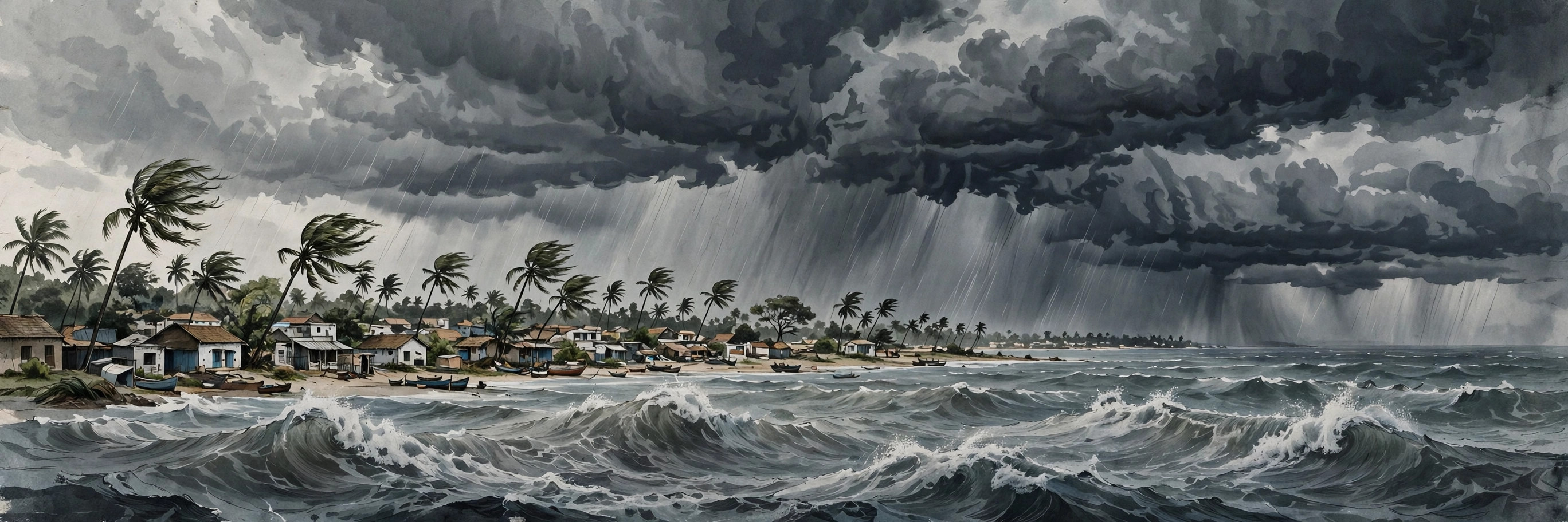 Editorial illustration of a cyclone storm over an Andhra Pradesh coastal village, with dark clouds, heavy rain and rough sea