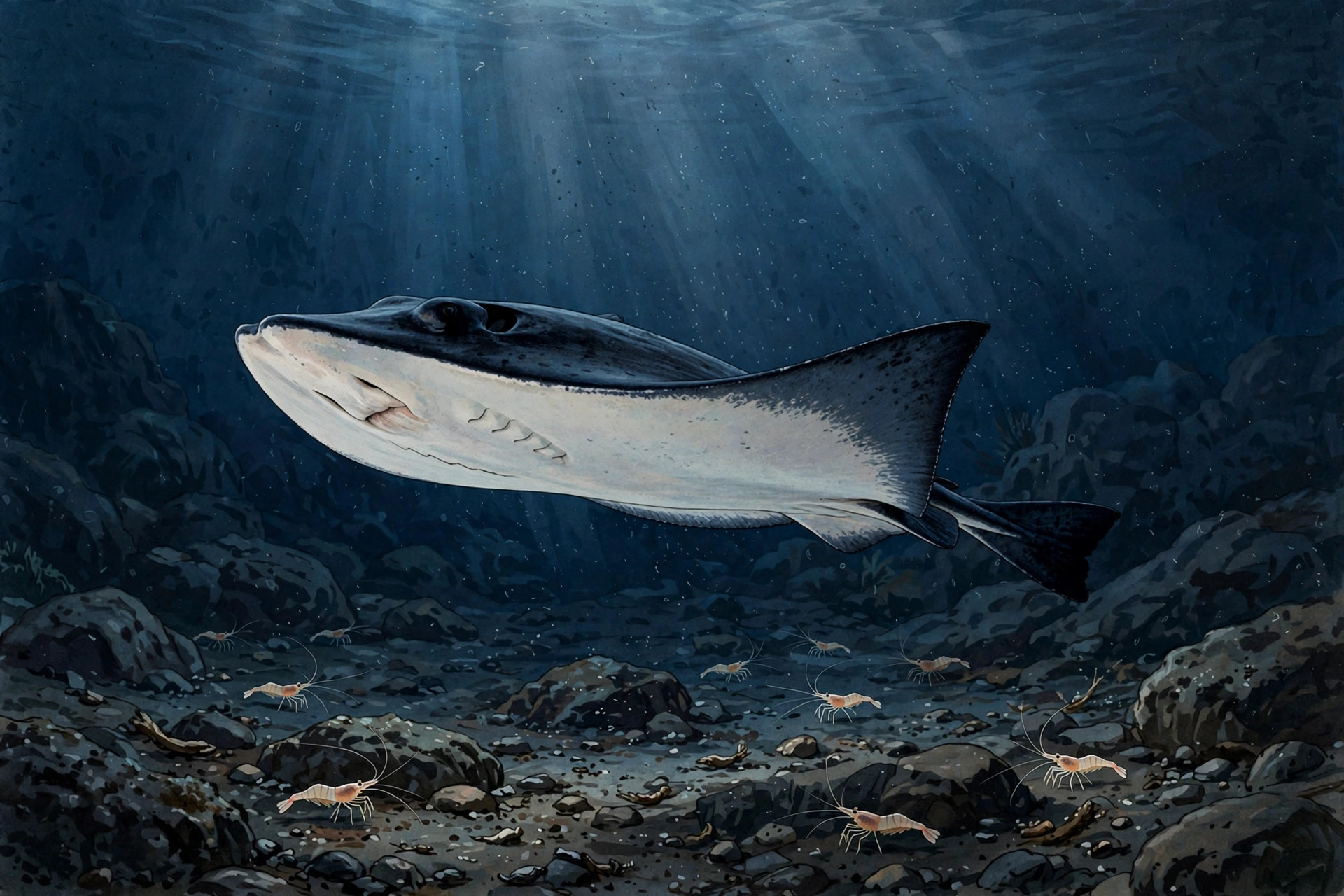 Editorial illustration of a dark electric ray swimming over a deep-sea floor