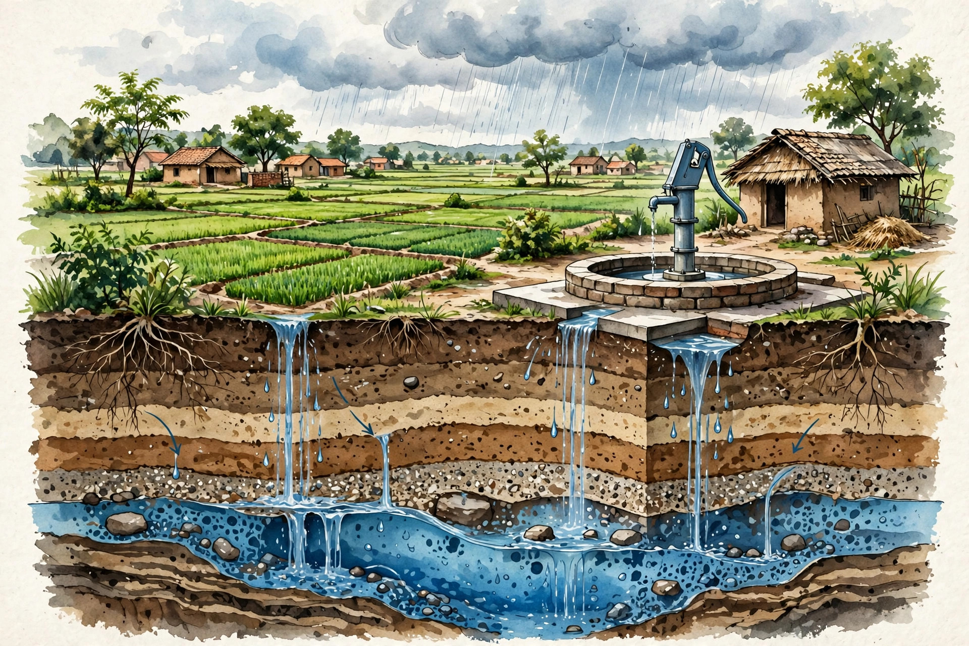 Illustration of a village landscape with wells, fields and rainwater recharging the ground