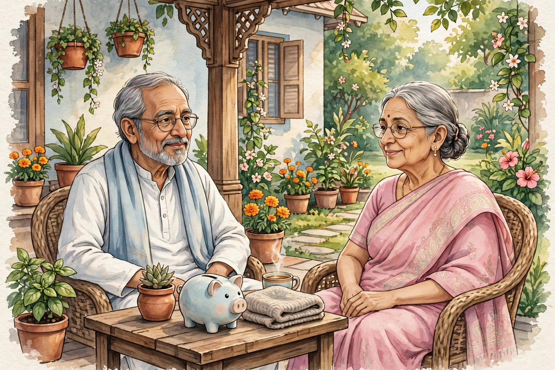 An elderly couple relaxing on a porch with a savings piggy bank