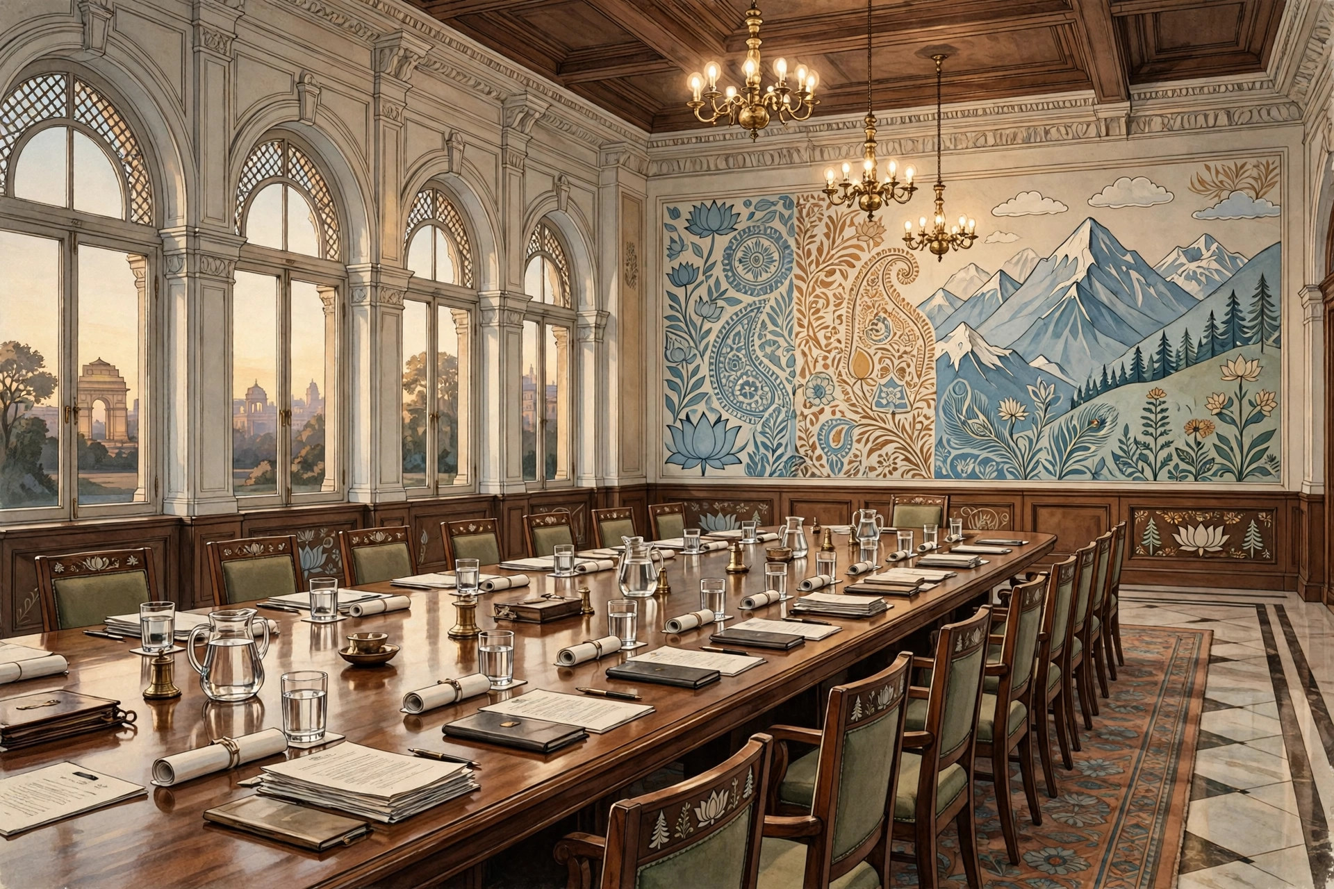 Editorial illustration of a grand diplomatic meeting hall in New Delhi with a long conference table, arched windows, and Indian and Alpine mountain motifs on the wall