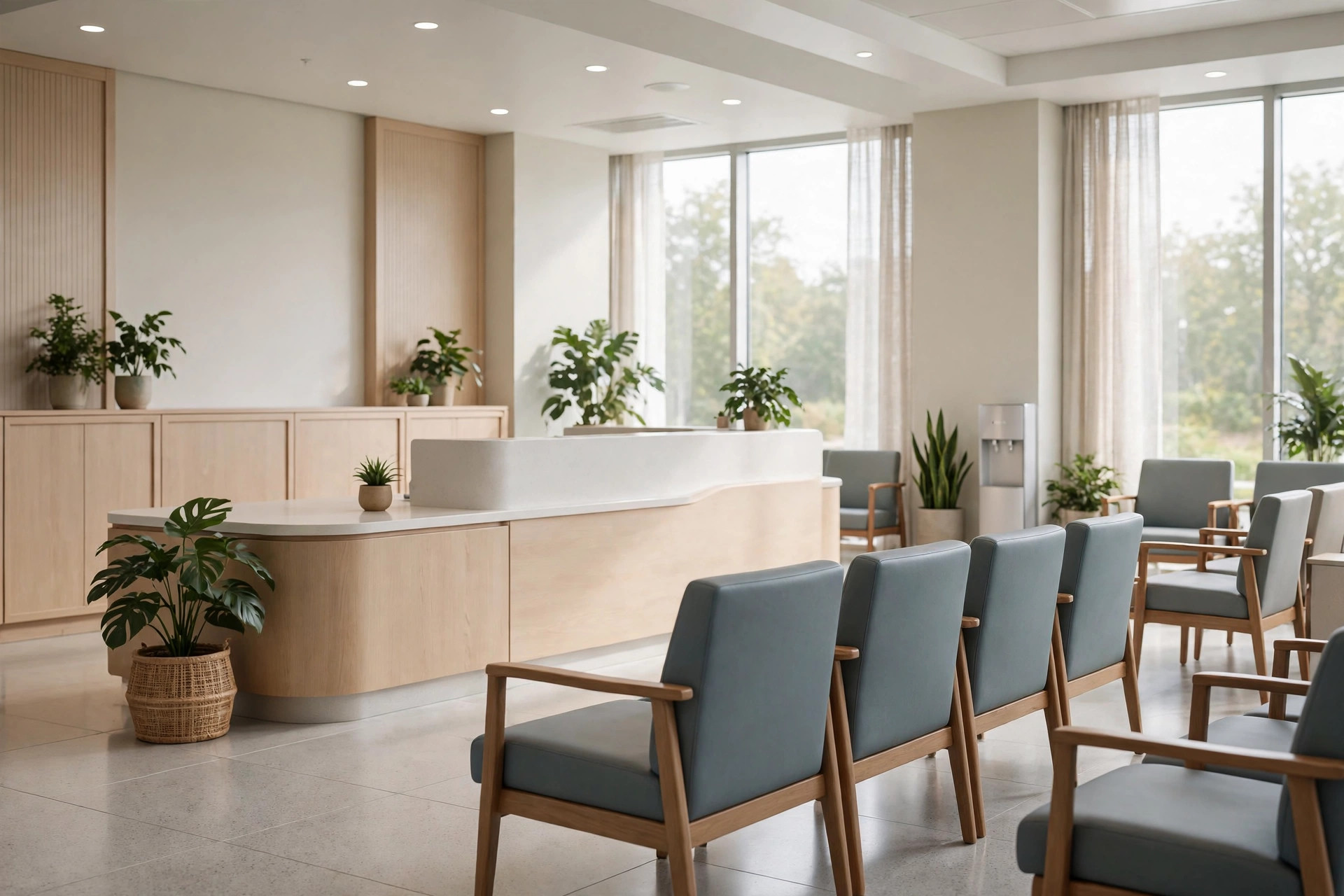 A clean modern hospital corridor with a reception desk and soft daylight, empty of identifiable people, no text or logos.