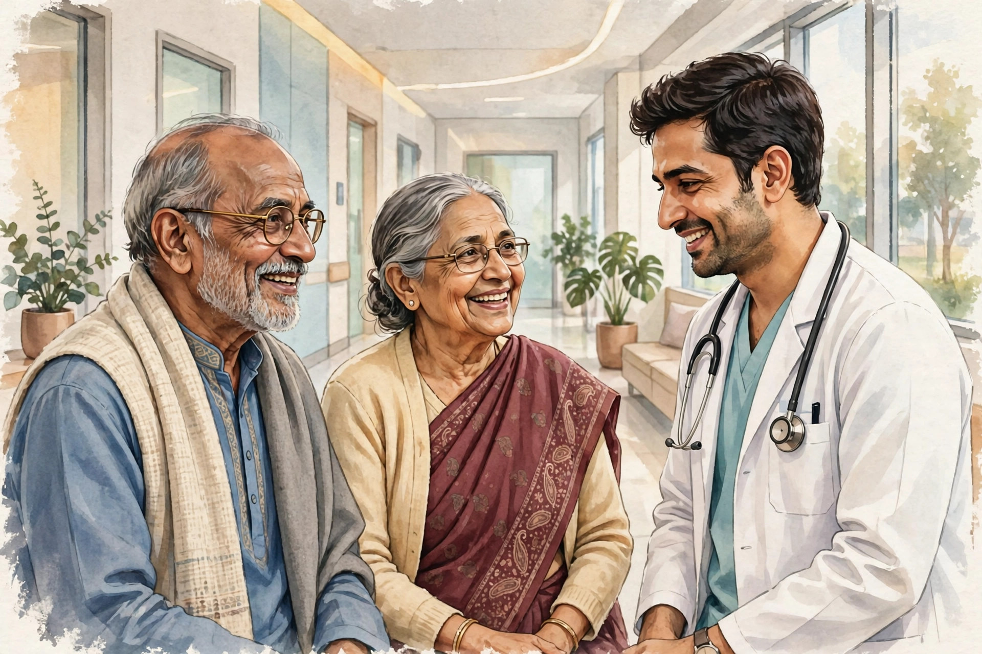 Editorial illustration of an elderly Indian couple smiling with a doctor in a bright hospital corridor