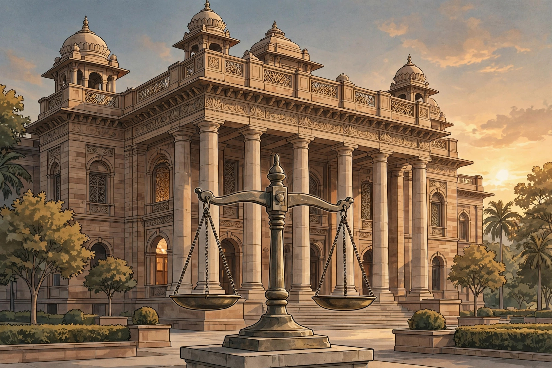 Editorial illustration of a courthouse with columns and a scales of justice sculpture