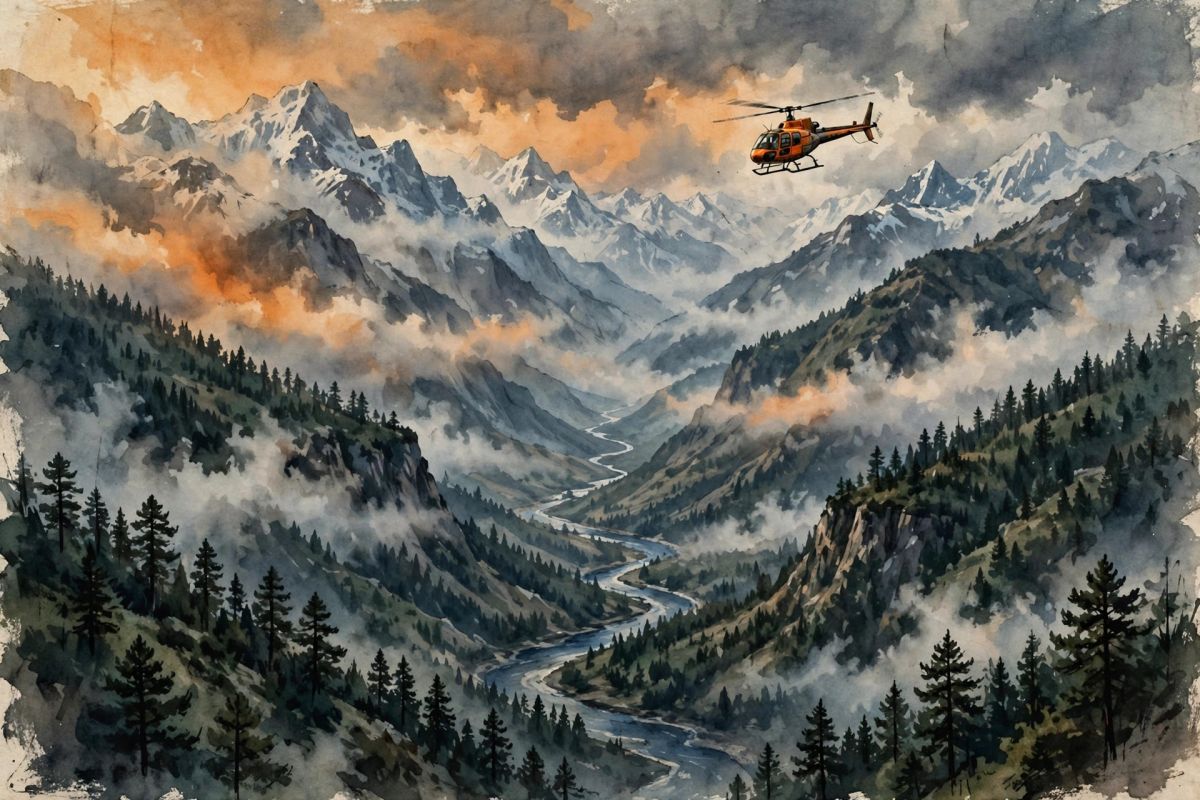 Editorial illustration of a helicopter flying over a misty Himalayan valley with snow-covered peaks