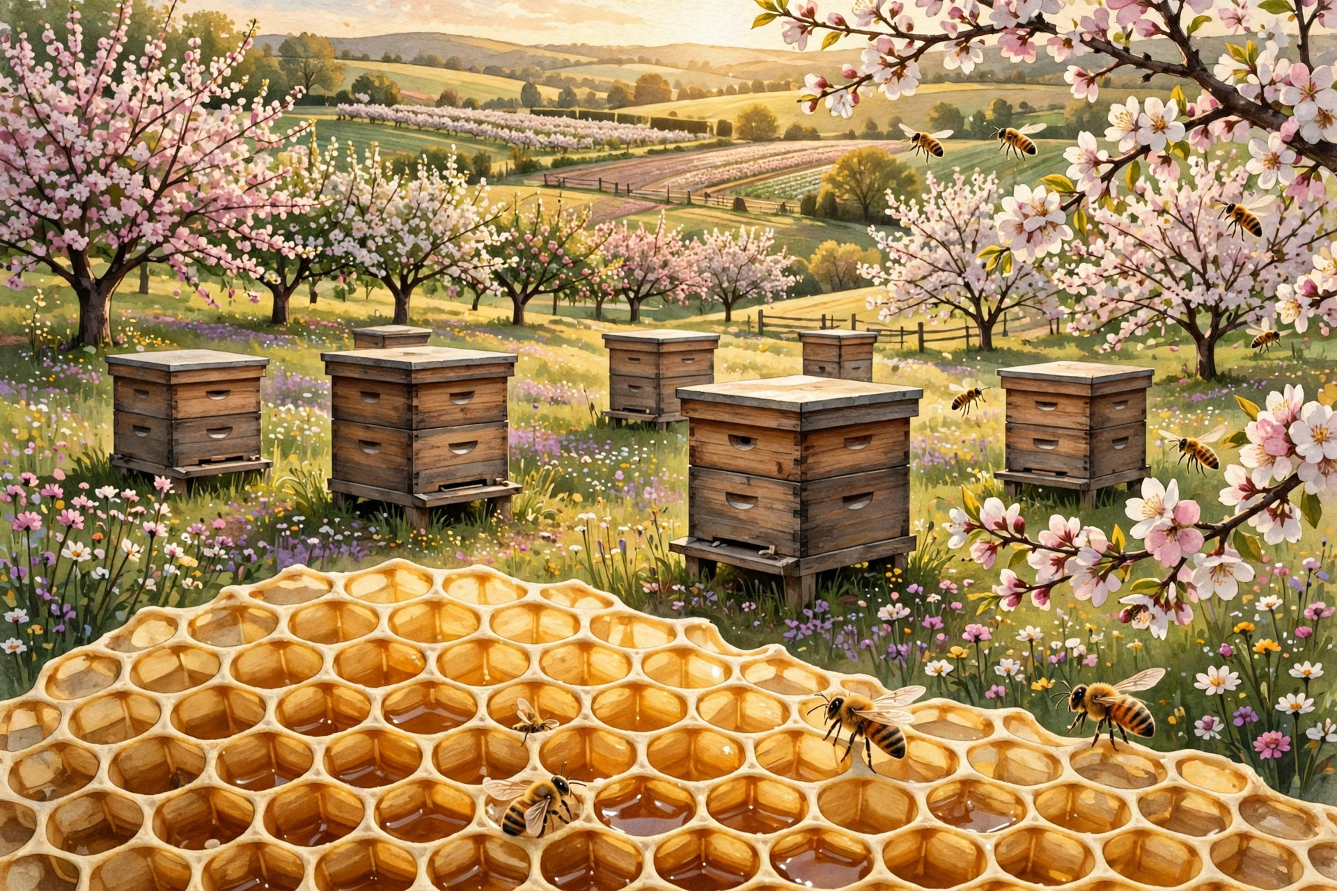 Wooden beehives in a flowering farm setting