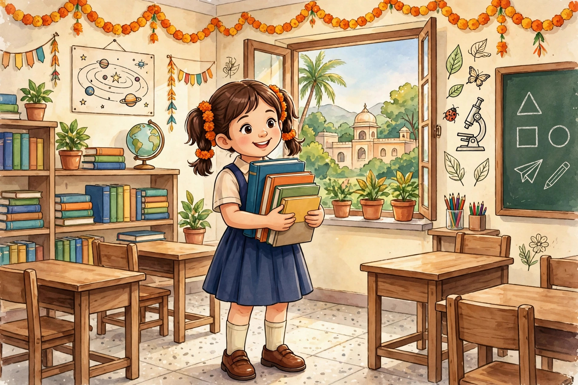 A schoolgirl smiling with books in a bright classroom in India
