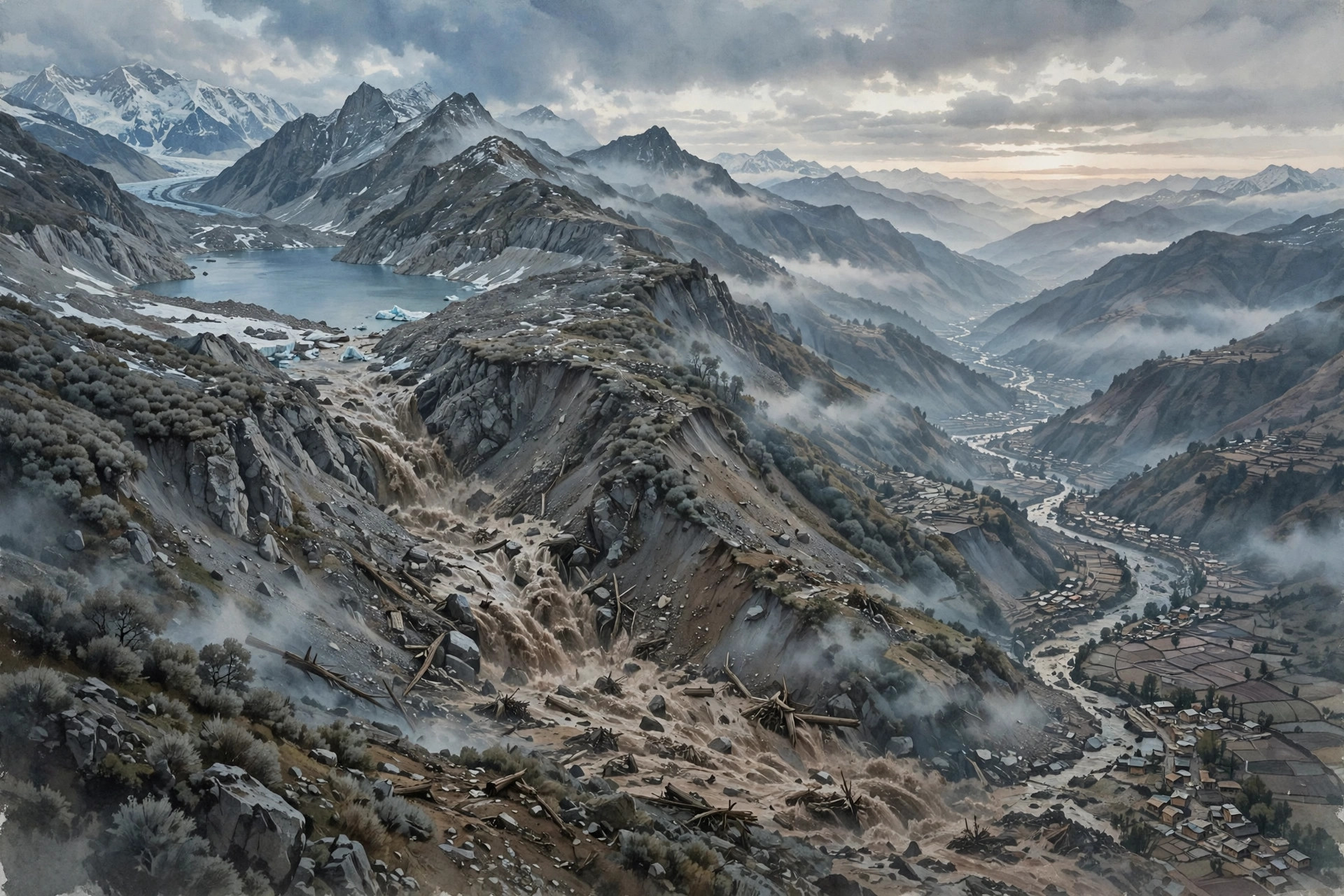 Editorial illustration of a Himalayan glacial lake above a mountain river valley, with muddy floodwater surging downstream toward distant riverside settlements