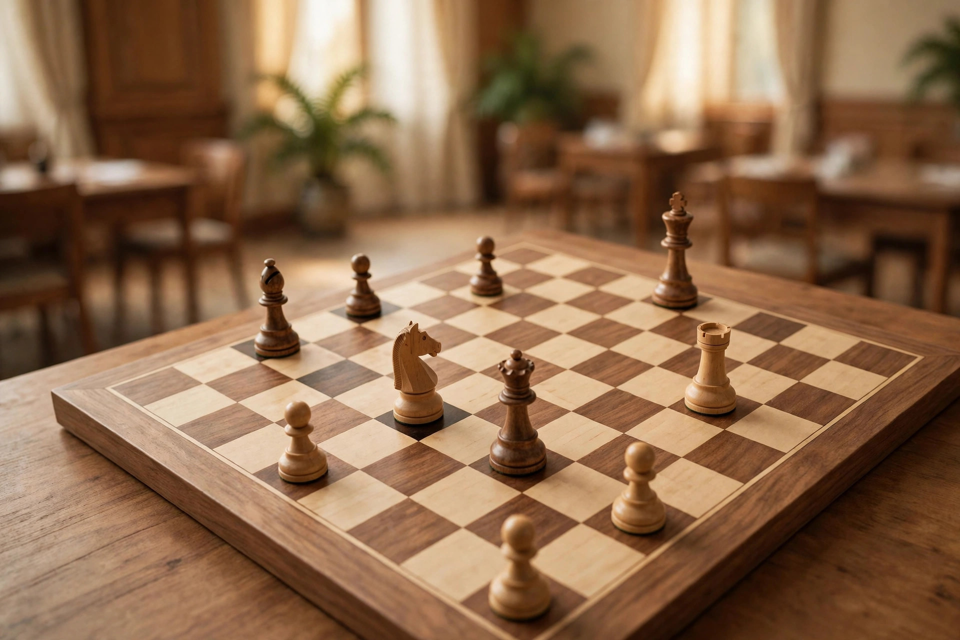 Editorial illustration of a wooden chess board with pieces in mid-game positions in a warm, quiet tournament hall