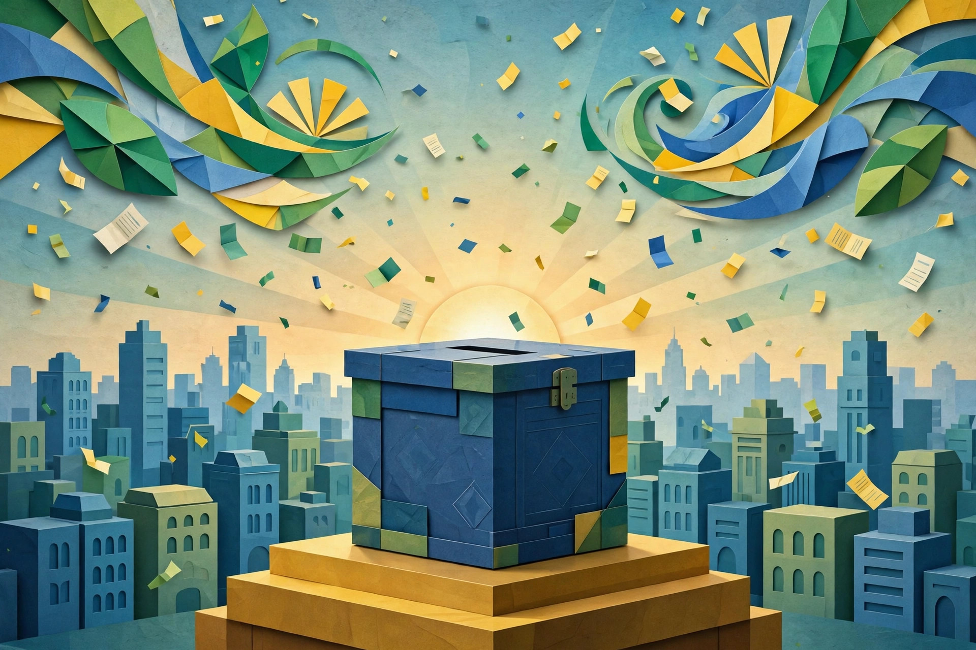 Editorial illustration of a ballot box before a city skyline at sunrise with green, yellow and blue abstract shapes