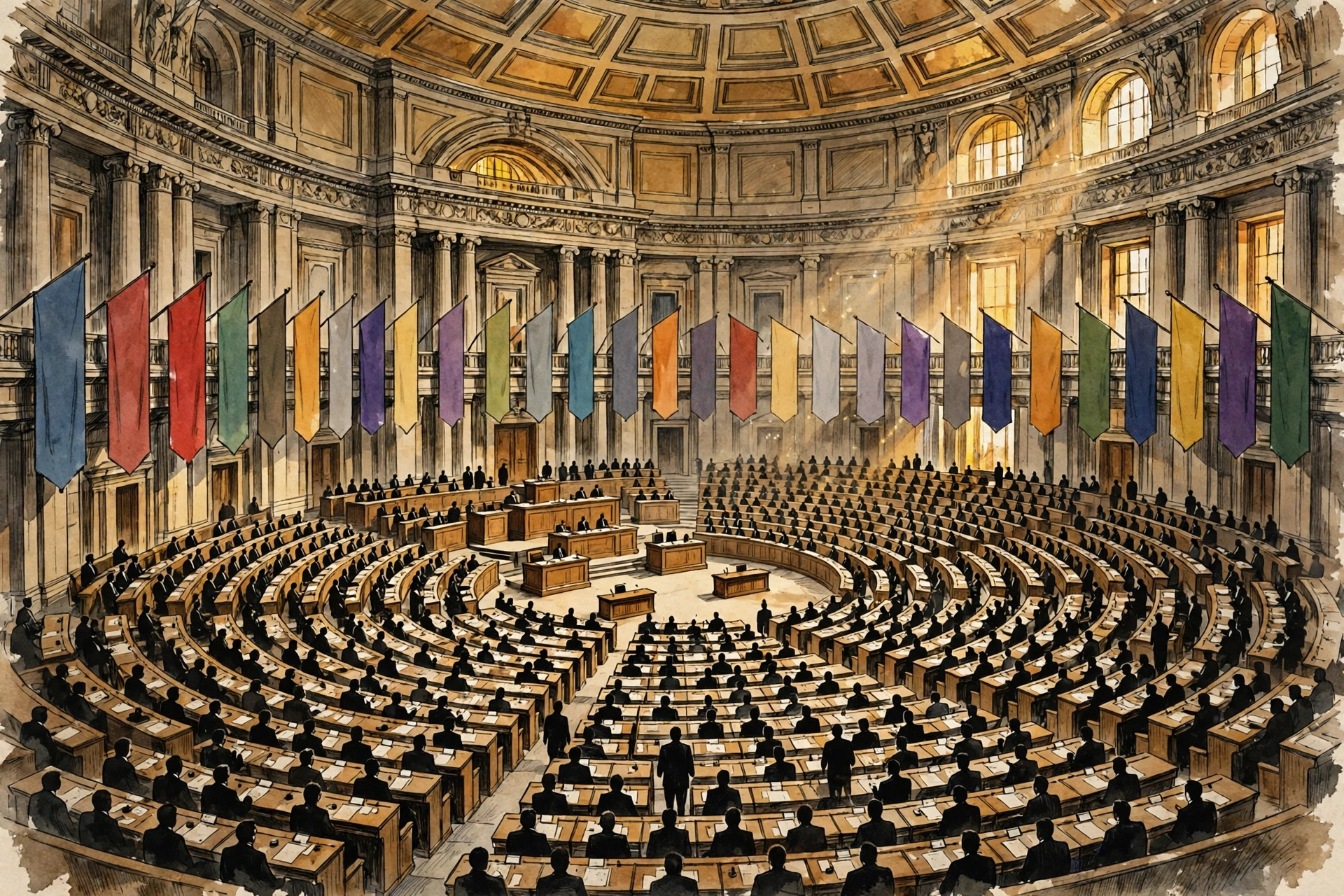 Editorial illustration of a parliamentary assembly hall with semicircular desks and coloured banners