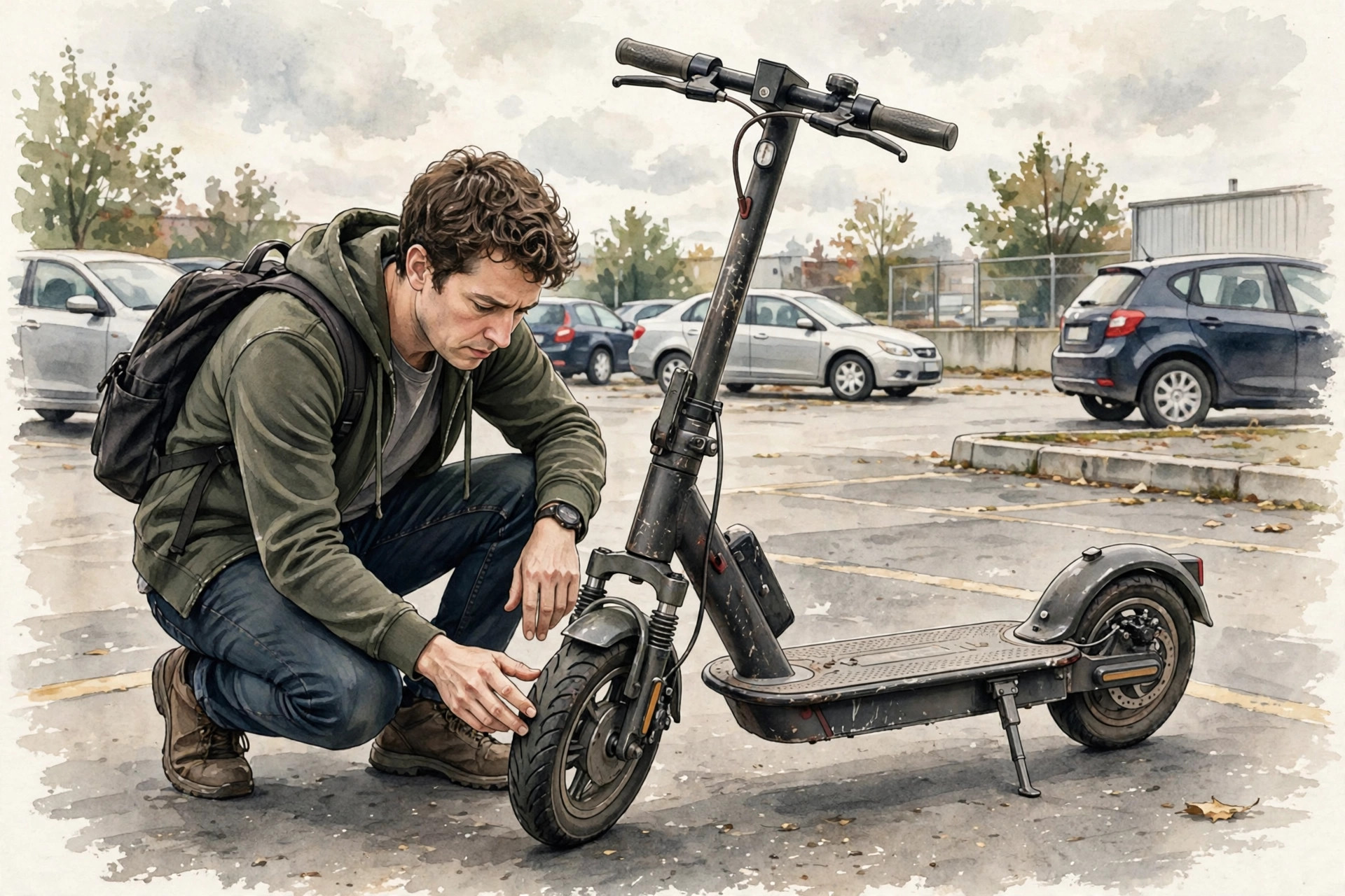 Buyer inspecting a second-hand electric scooter before purchase