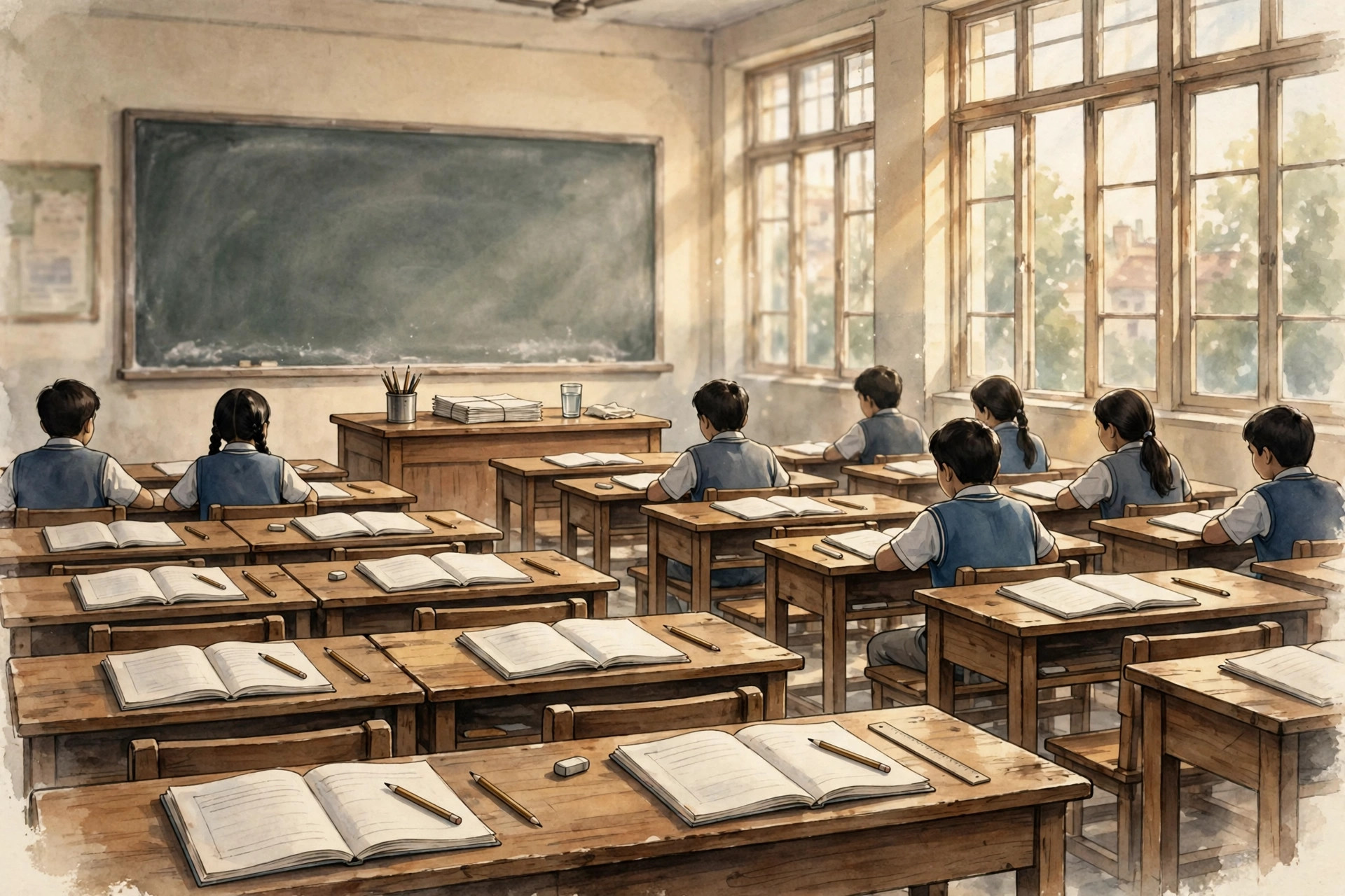 Editorial illustration of a school classroom with desks, open notebooks and a chalkboard