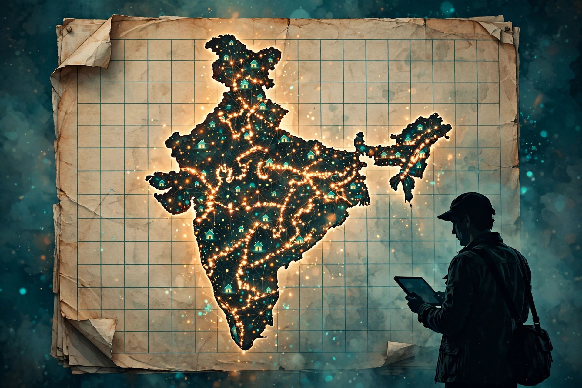 Editorial illustration of a glowing map of India formed from house icons, with an enumerator silhouette holding a tablet