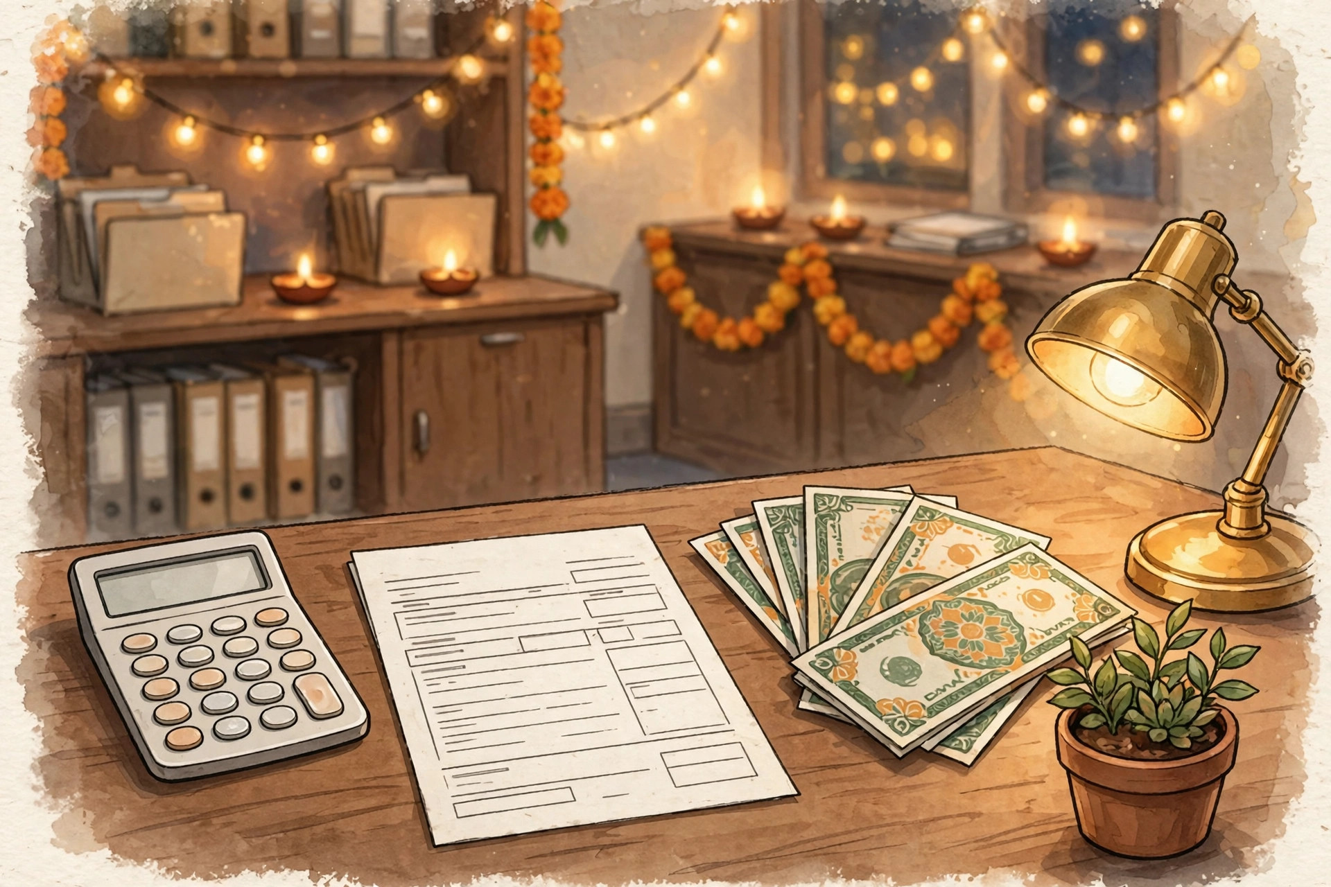 Editorial illustration of a government office desk with a calculator and pay documents under festive lights