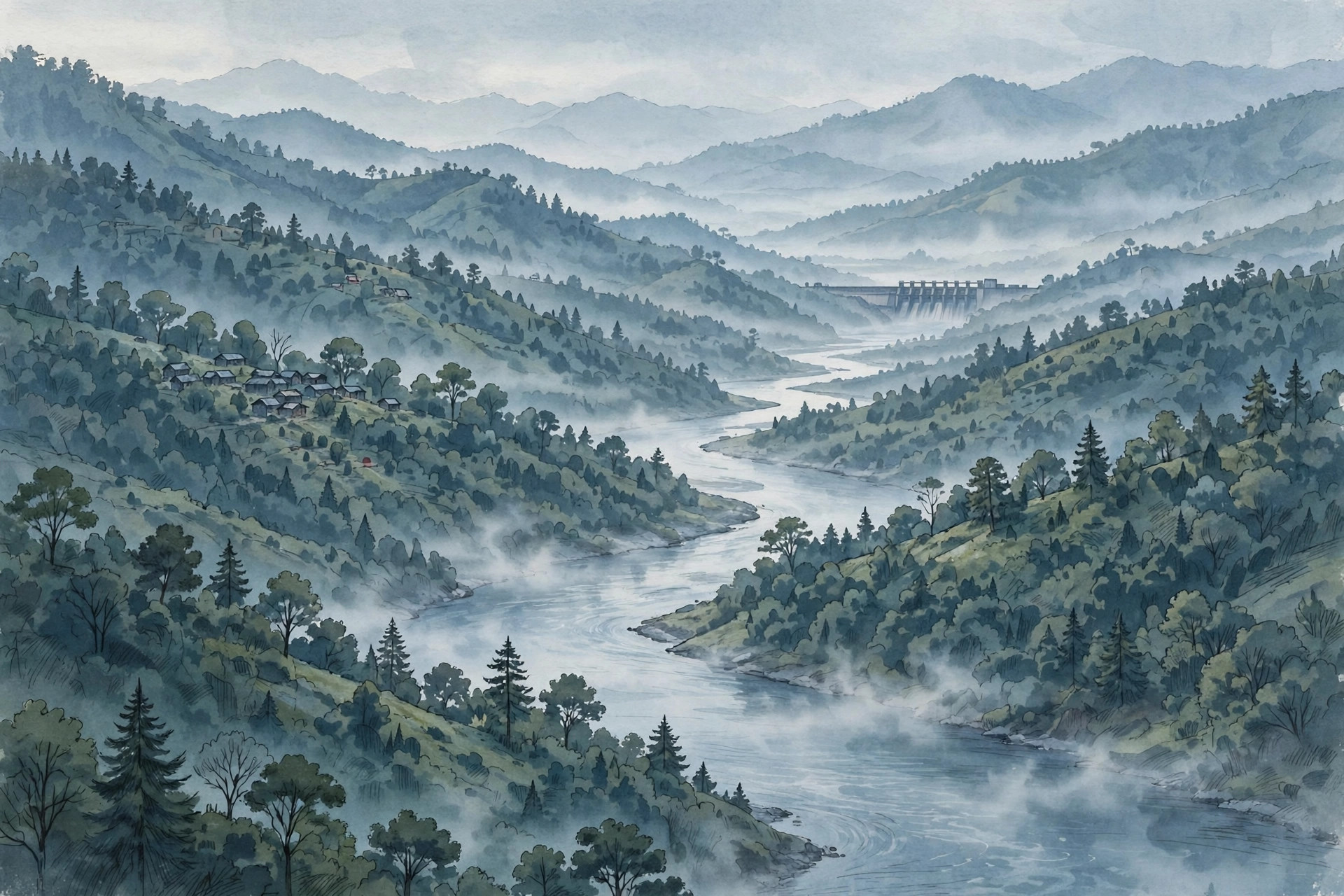 Editorial illustration of a wide Himalayan river valley at dawn, a river winding between forested green hills with small hillside houses and a distant dam silhouette
