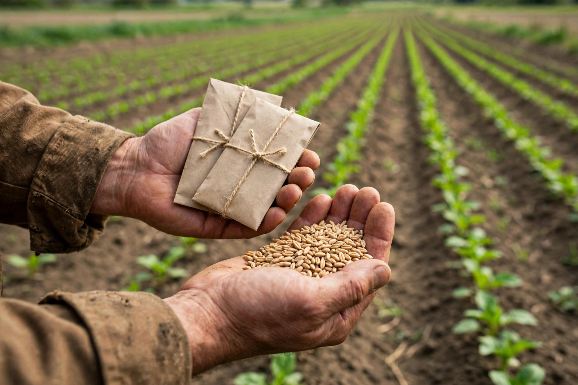 Hands holding certified seed packets and grain seed in a farm field at sowing time