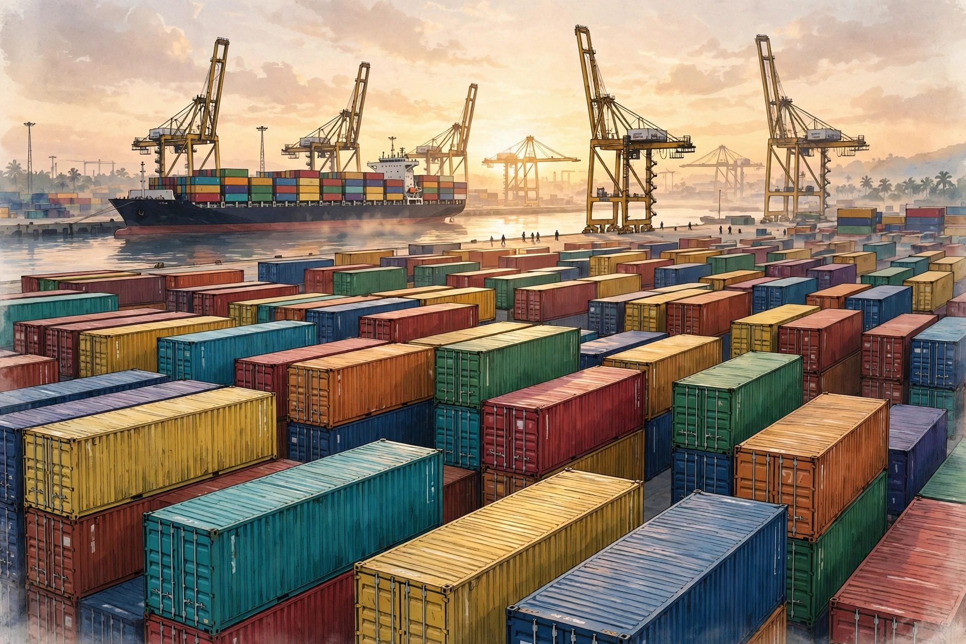 Editorial illustration of colourful steel shipping containers stacked in neat rows at an Indian seaport at sunrise, with a large container ship and tall cranes behind them