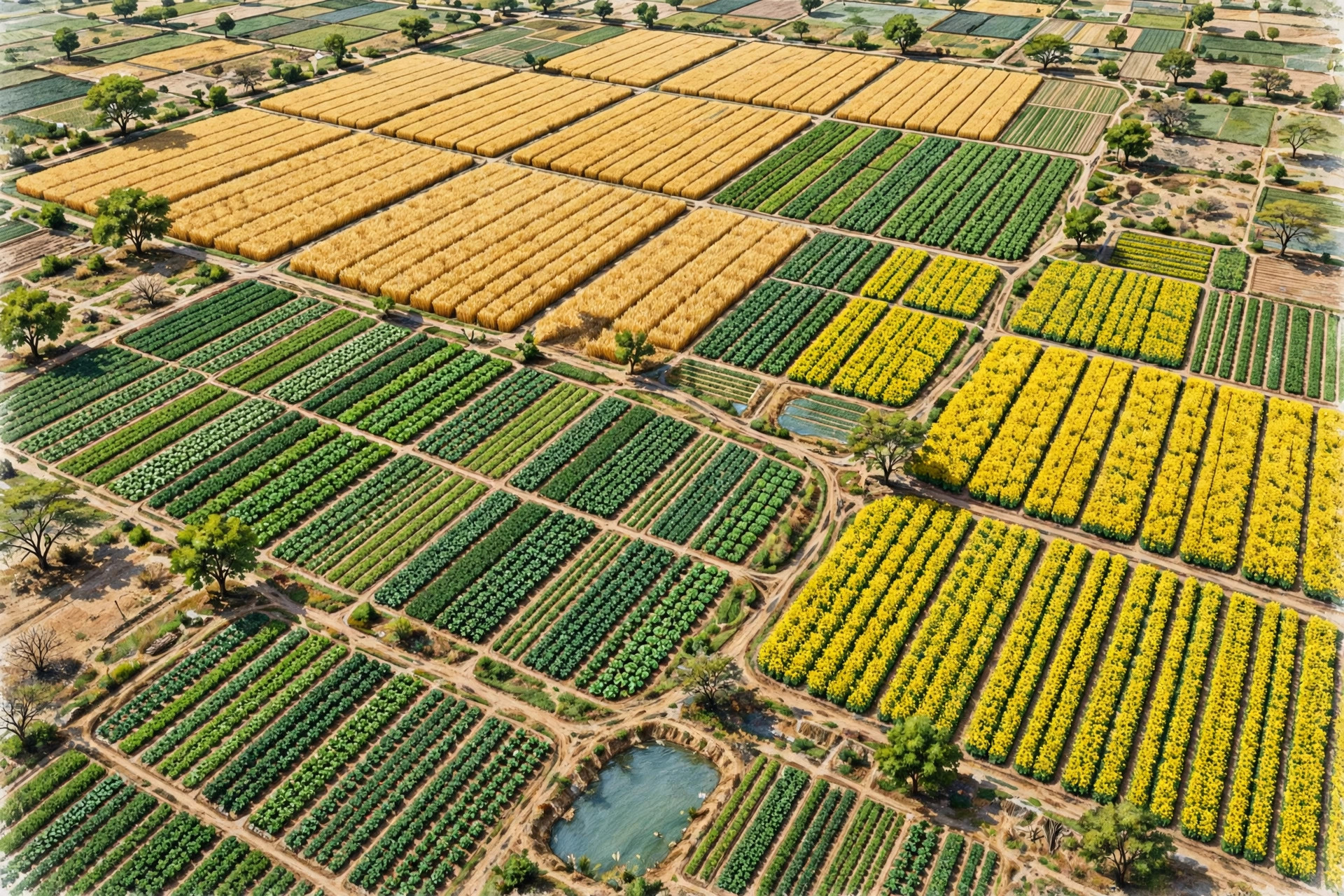 Aerial view of farmland strips growing different crops side by side