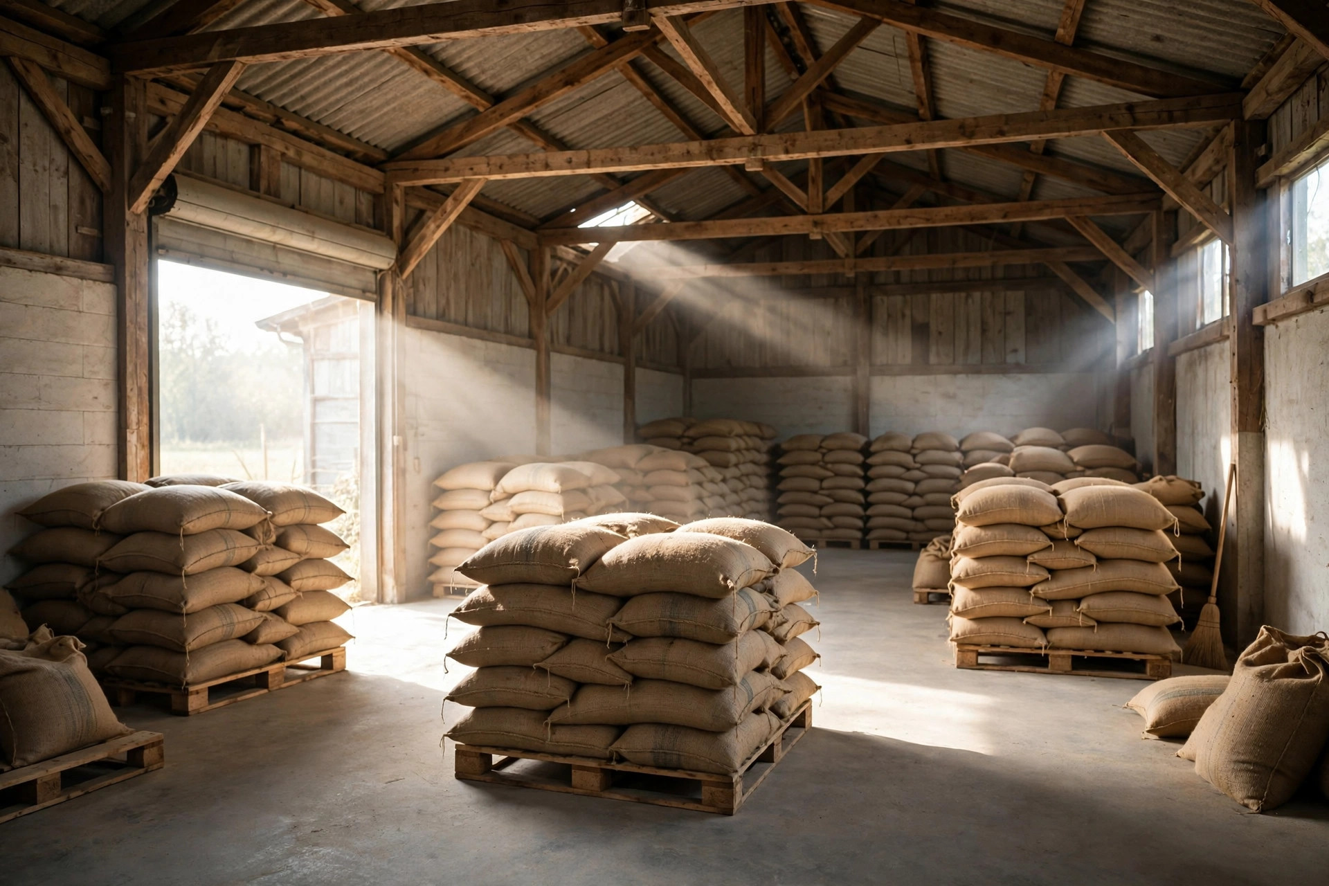 Neatly stacked grain sacks on wooden pallets inside a clean, dry warehouse store, with no people visible.