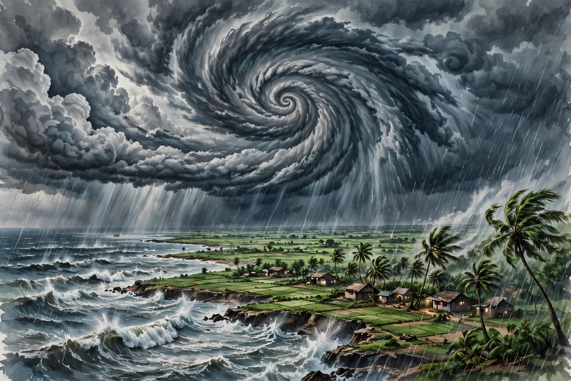 Editorial illustration of a large cyclone over the sea approaching the Andhra Pradesh coast with palm trees and coastal houses