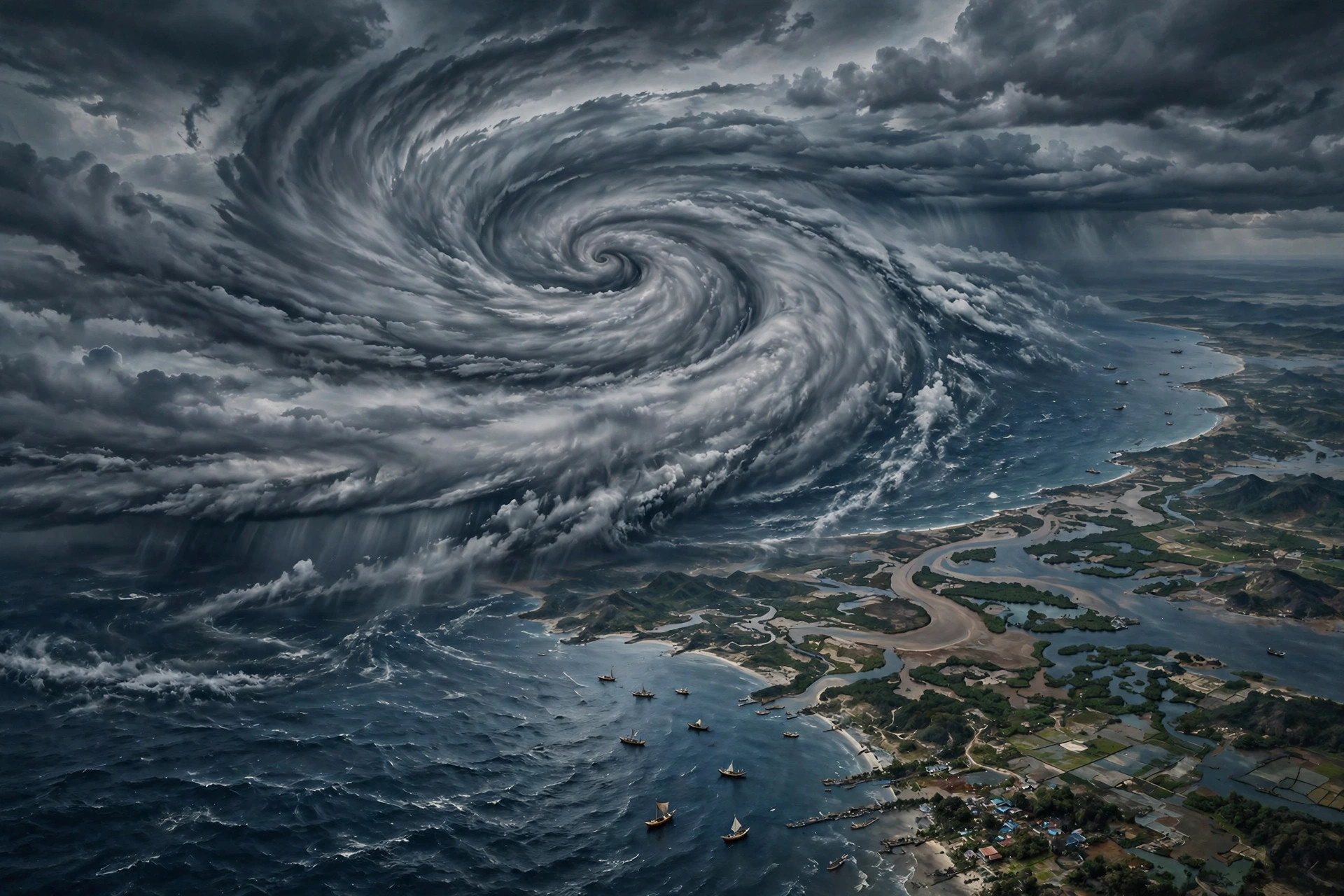 Editorial illustration of a huge swirling cyclone over the sea approaching a coastal landscape with boats and fields