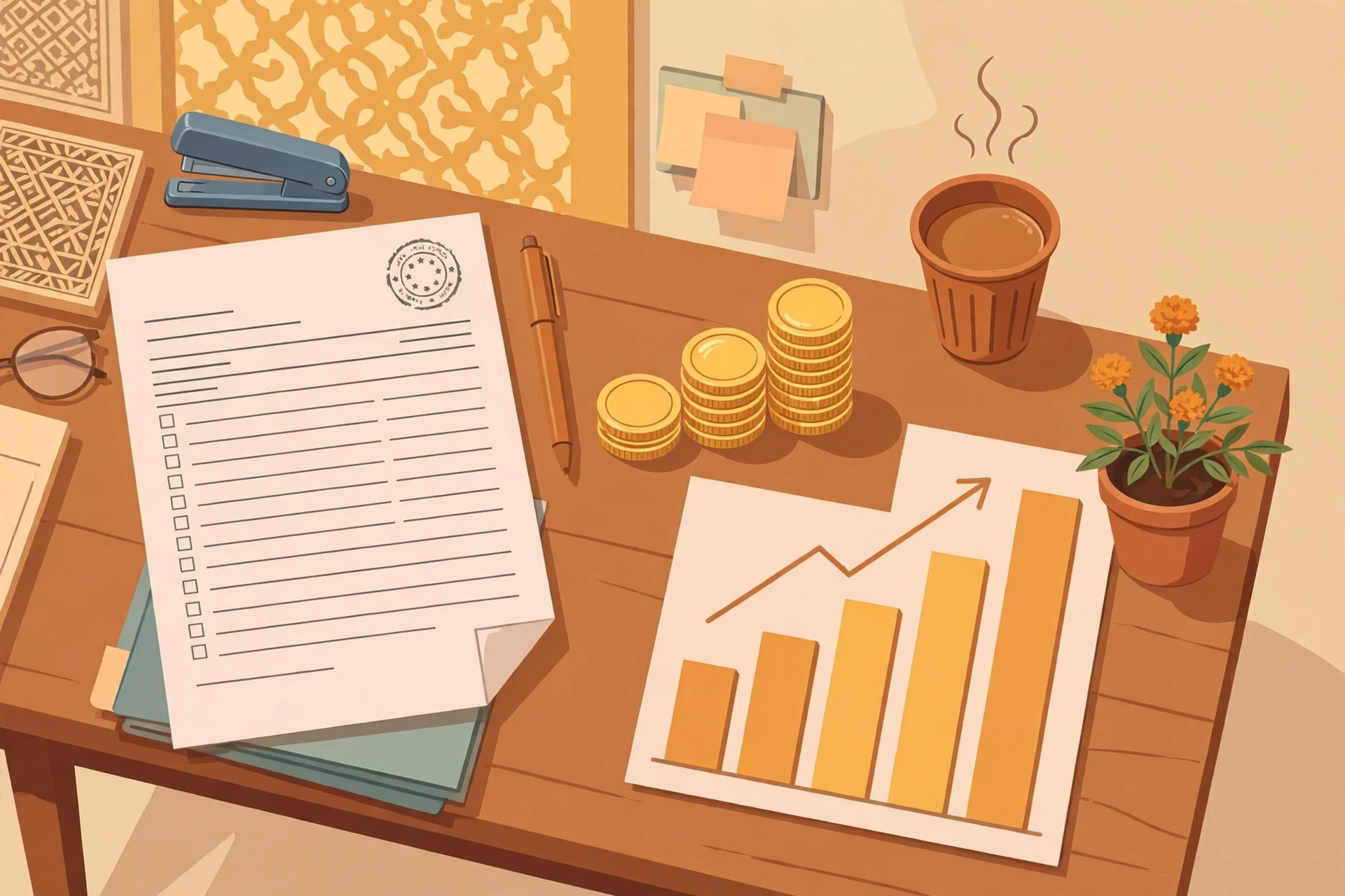 Editorial illustration of a payslip, stacked coins and a rising bar chart on an office desk