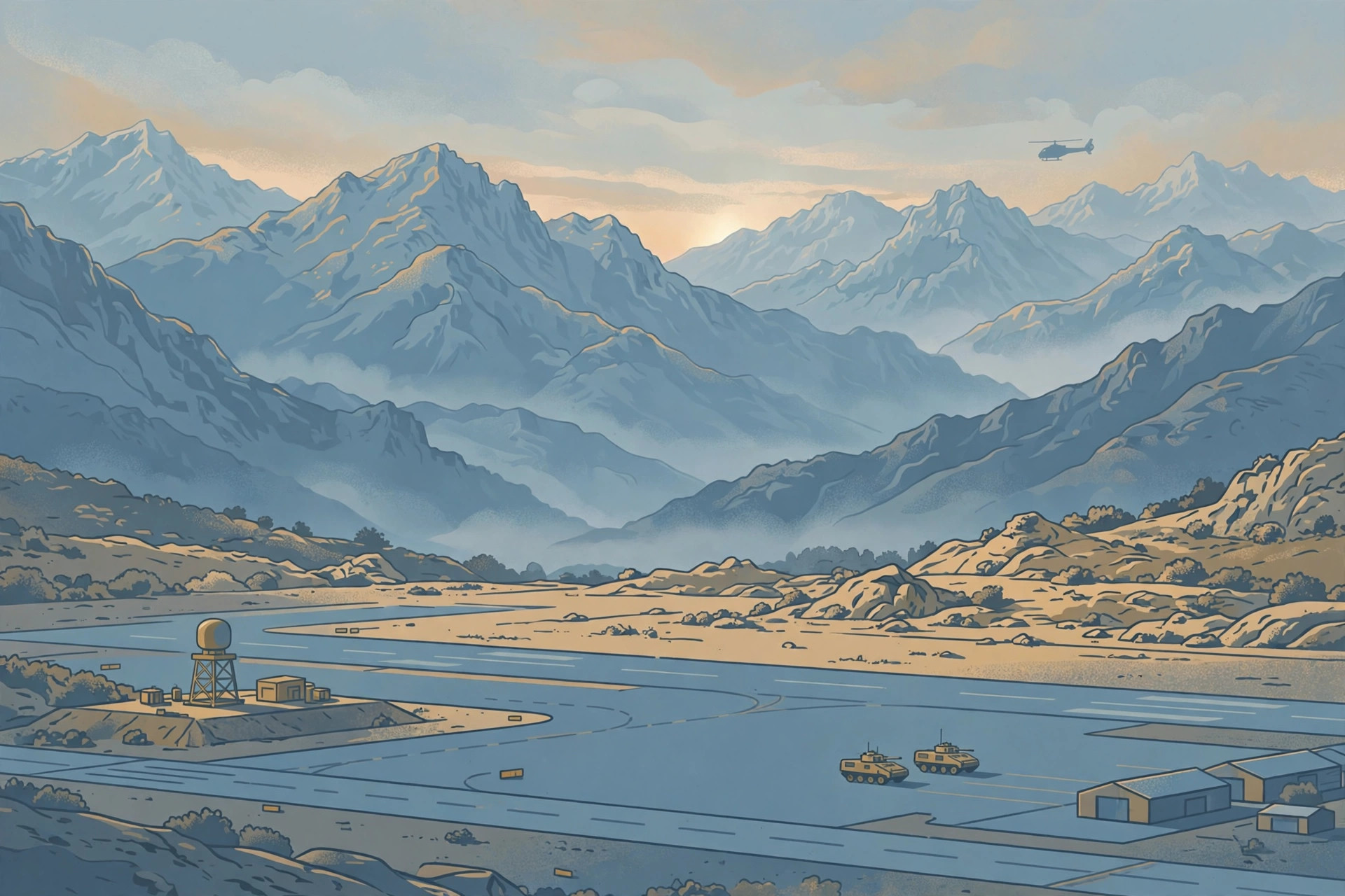 Editorial illustration of a mountain airfield at dawn with a distant helicopter silhouette, a radar station and generic military vehicles