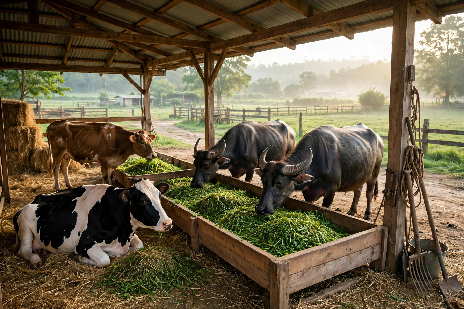 A small dairy farm scene with cows and buffaloes in a clean shed and green fodder nearby