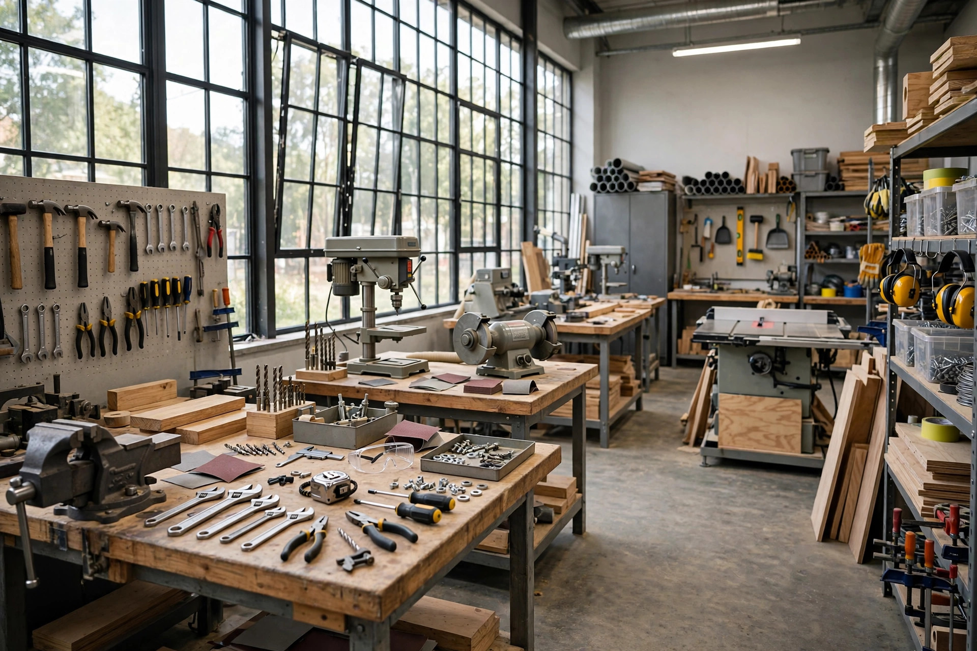 Bright vocational training workshop interior with workbenches and tools