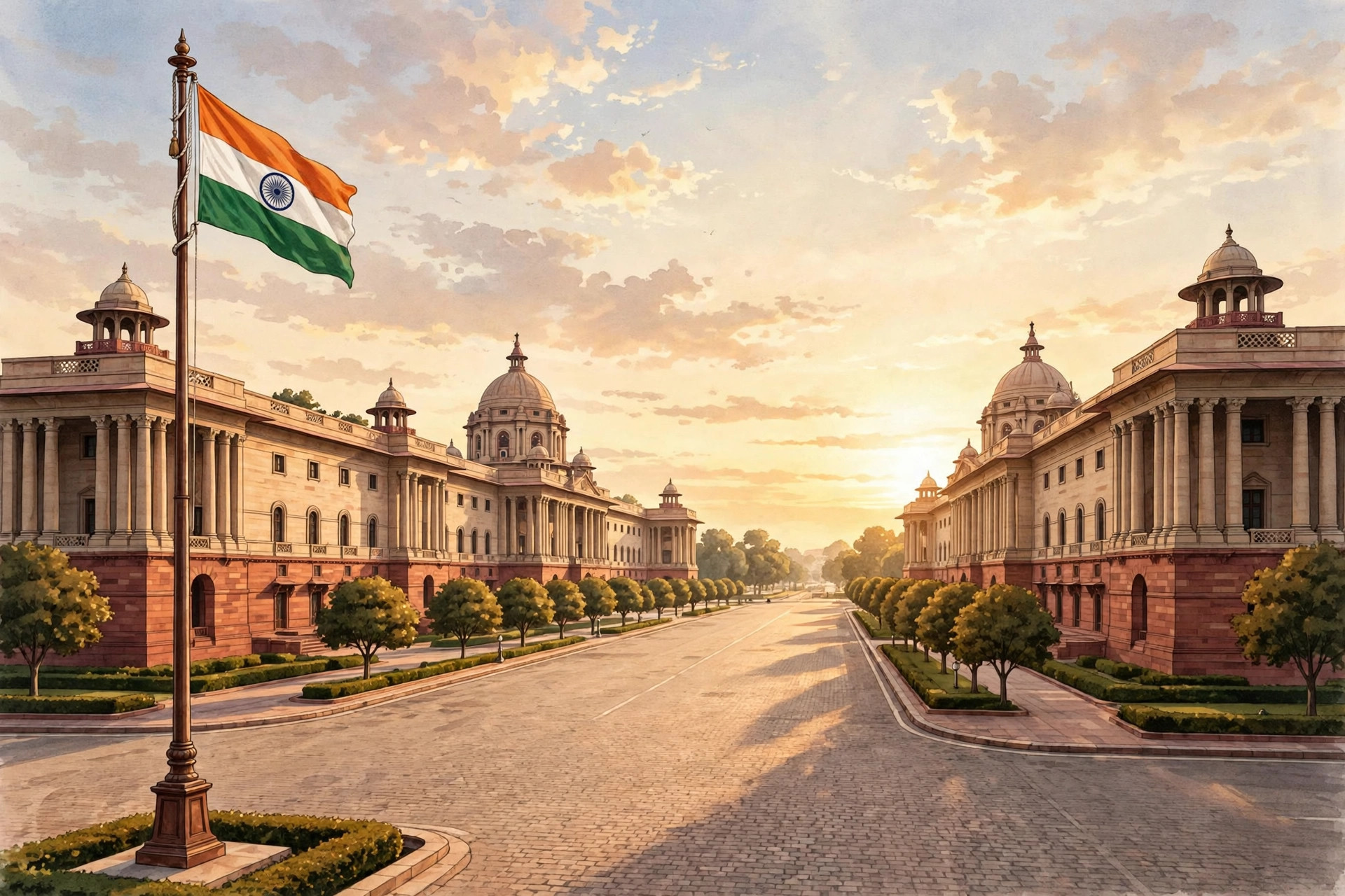 Editorial illustration of sandstone Secretariat buildings in New Delhi at golden hour with the Indian national flag on a tall flagpole in the foreground