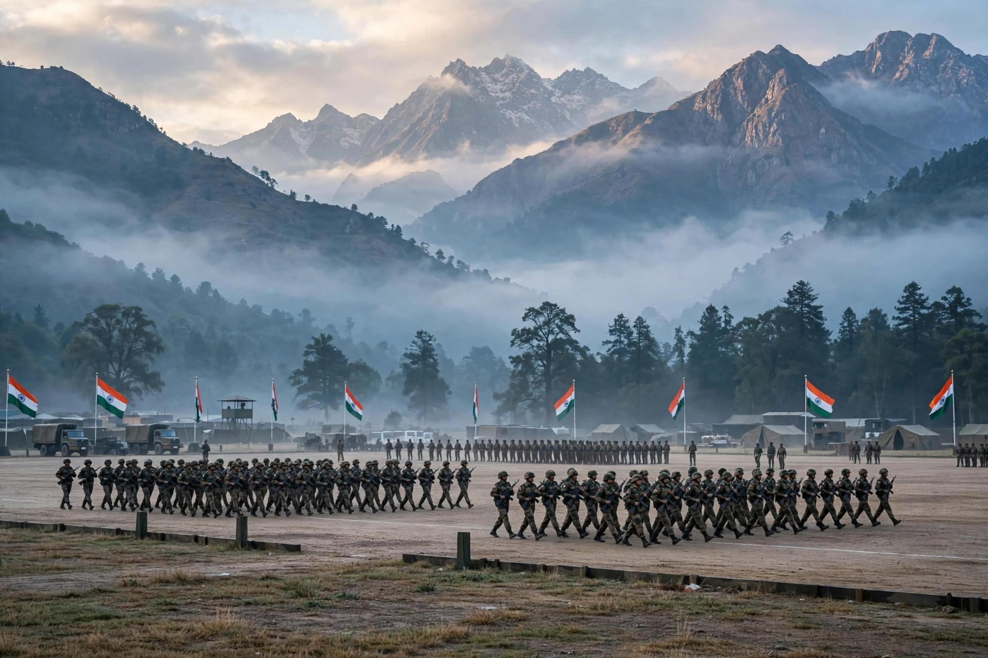 Armed forces personnel on parade drill at a training ground at dawn