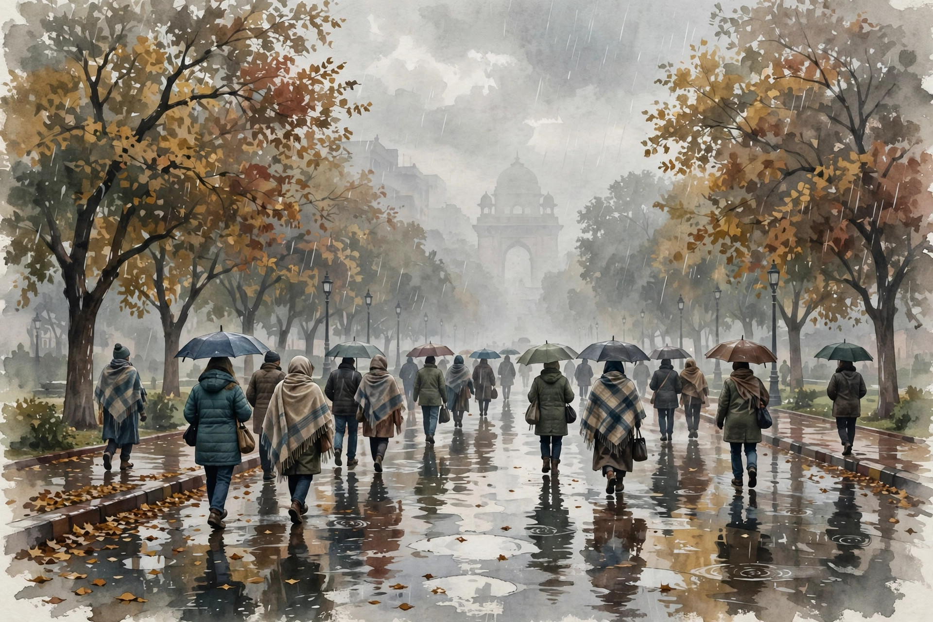 Editorial illustration of people with umbrellas and shawls walking on a rainy Delhi avenue in unusually cold October weather