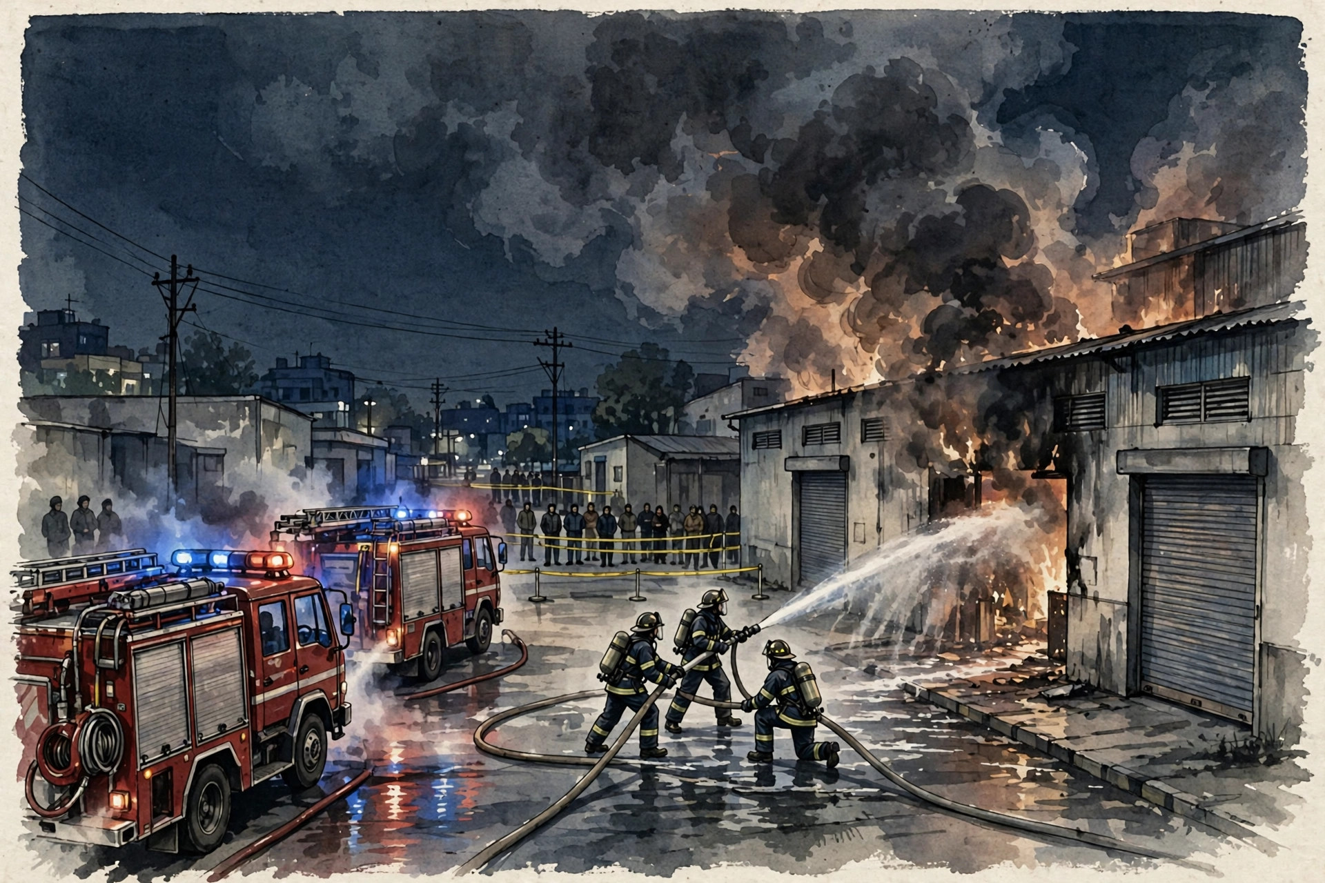 Editorial illustration of fire tenders and firefighters tackling a night fire at an industrial factory building, with thick smoke rising