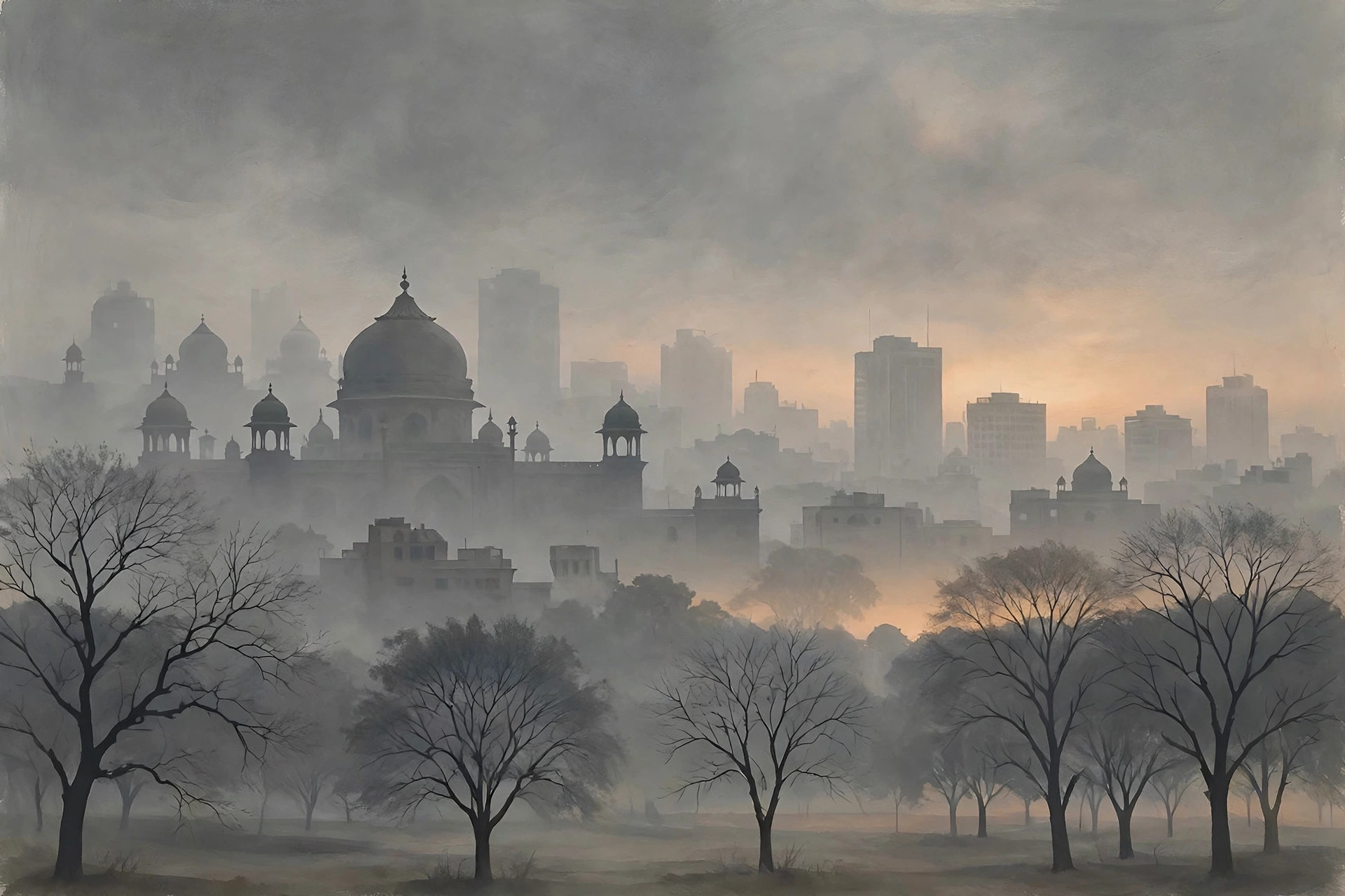Editorial illustration of a hazy Delhi skyline at dawn under thick smog, with domed buildings and modern towers barely visible