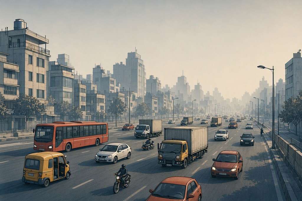 Editorial illustration of Delhi traffic under a hazy winter sky with smog over the city skyline