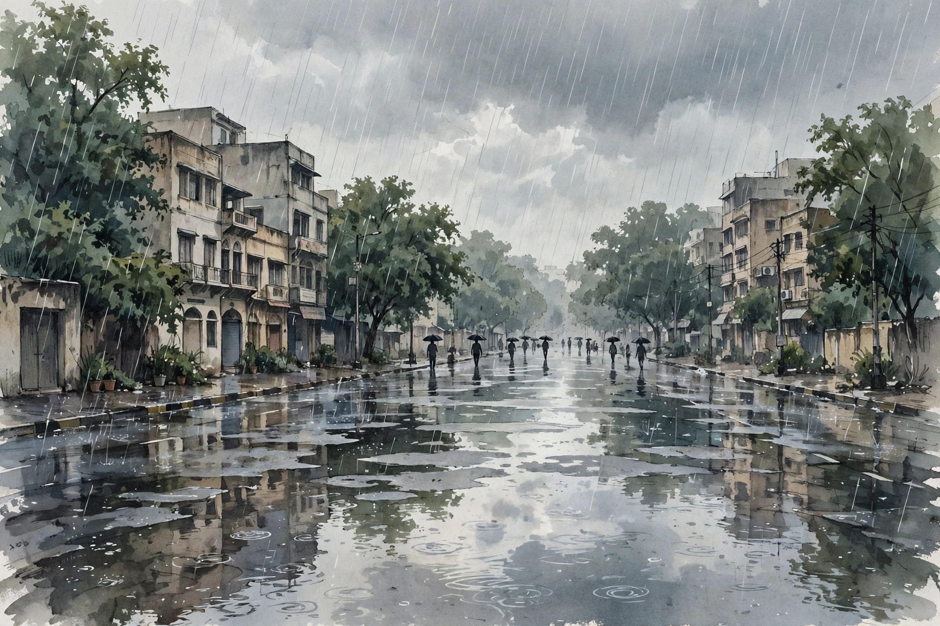 Editorial illustration of a rainy Delhi street with wet roads, puddles and pedestrians with umbrellas under dark monsoon clouds