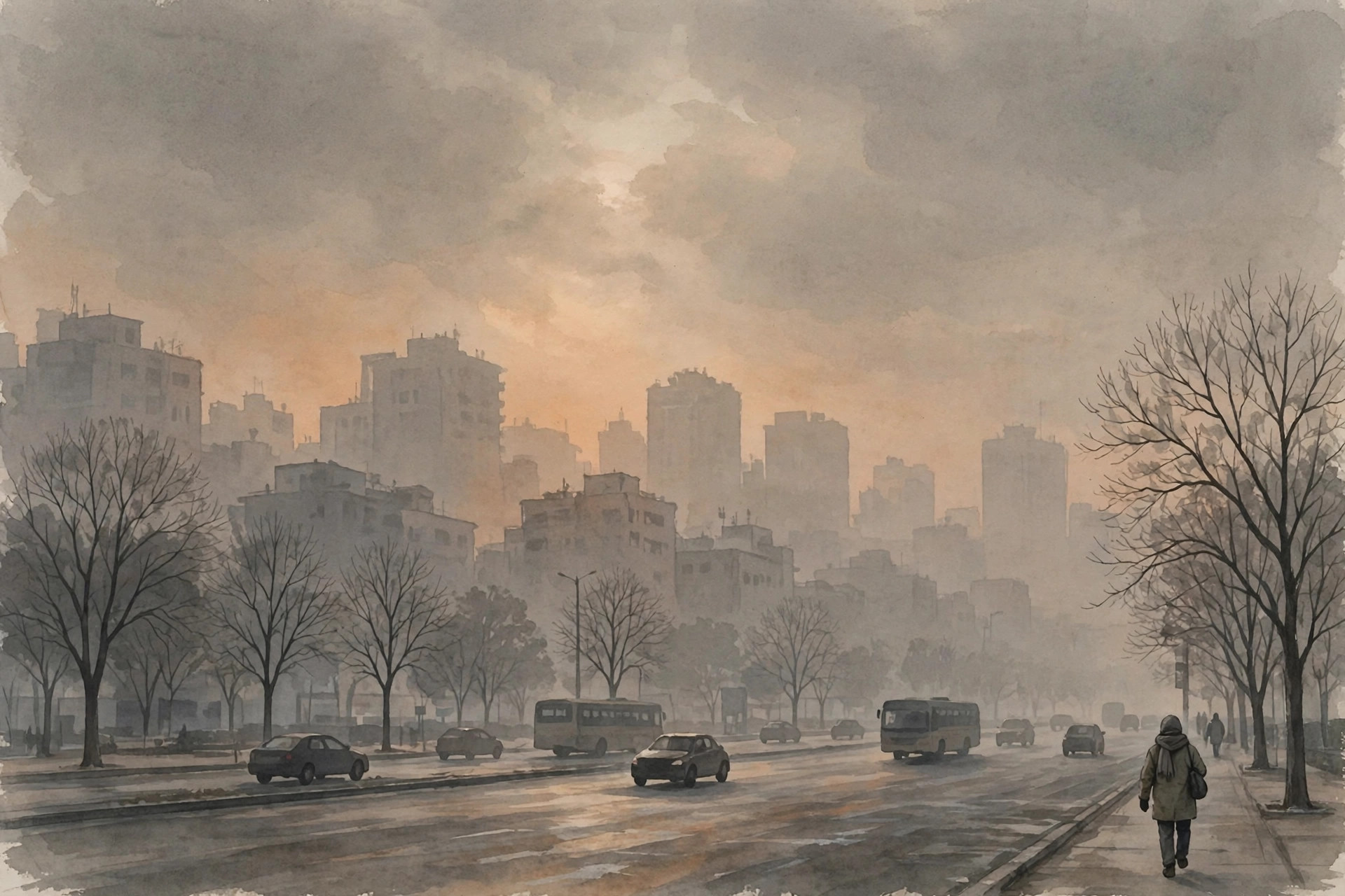 Illustration of a hazy winter morning in Delhi, with a smoggy sky over the city skyline, traffic on a wide road and a pedestrian in a winter coat
