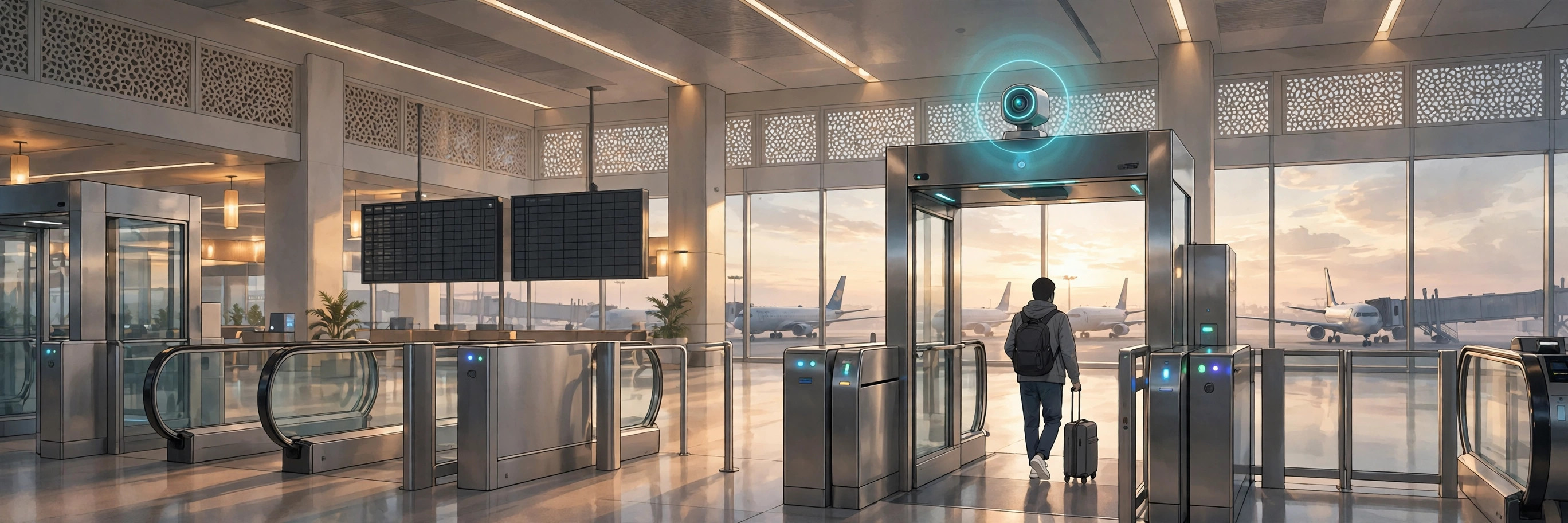 Traveller walking through an airport e-gate with a facial-recognition camera, aeroplanes visible through terminal windows