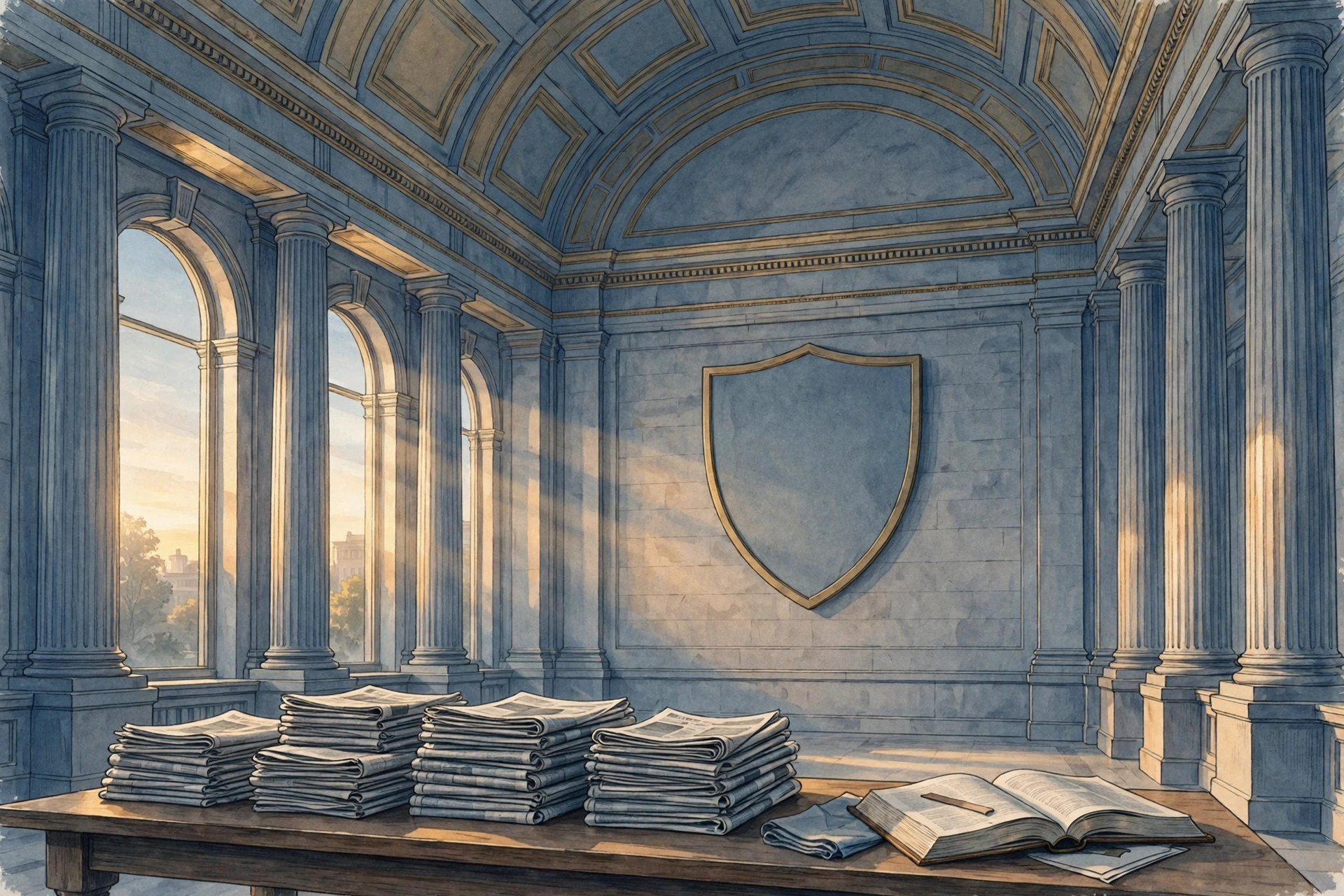 Editorial illustration of a courthouse hall with tall columns, stacks of newspapers and a large plain shield emblem on the wall