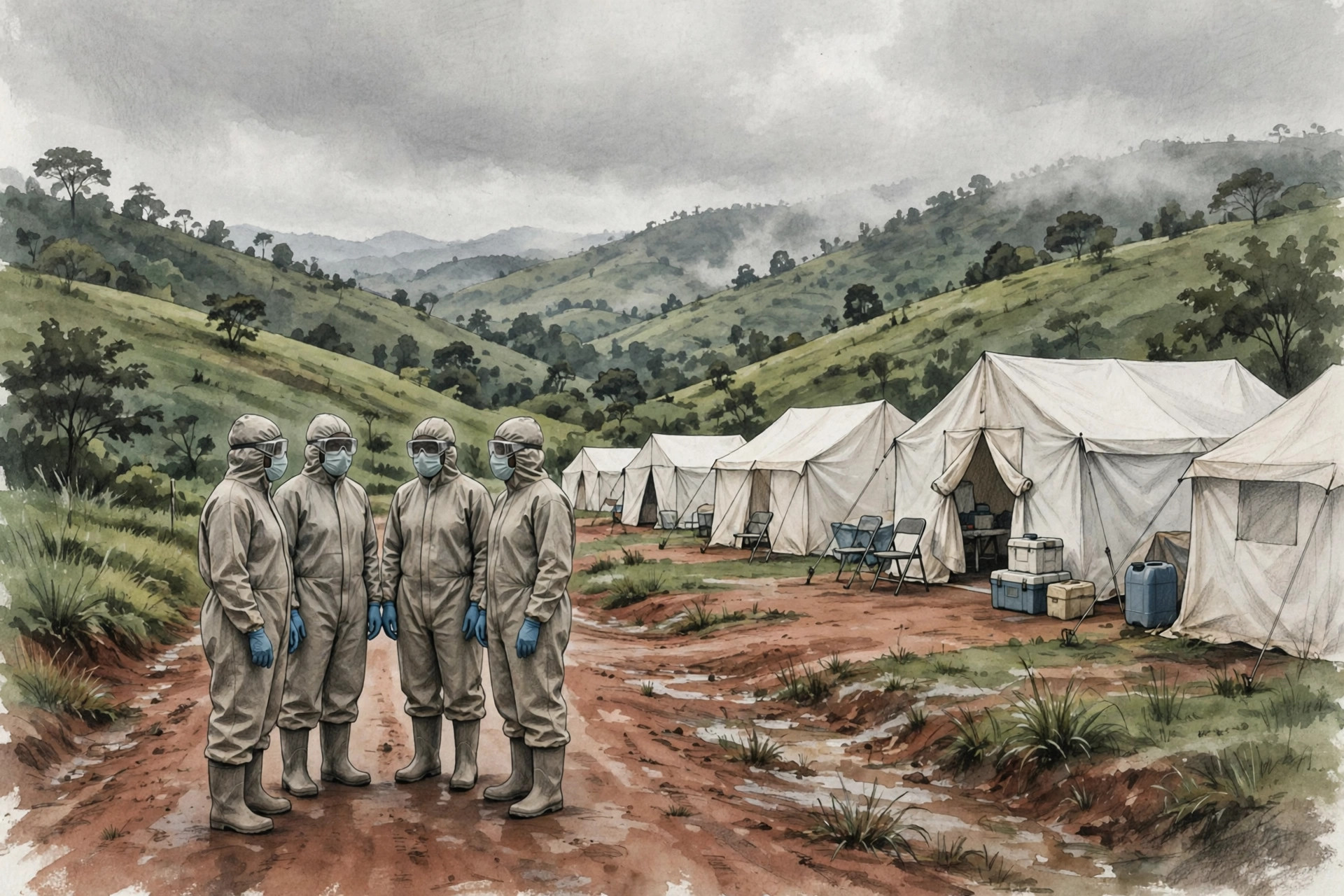 Editorial illustration of health workers in protective suits outside a rural Ebola treatment centre in eastern Congo