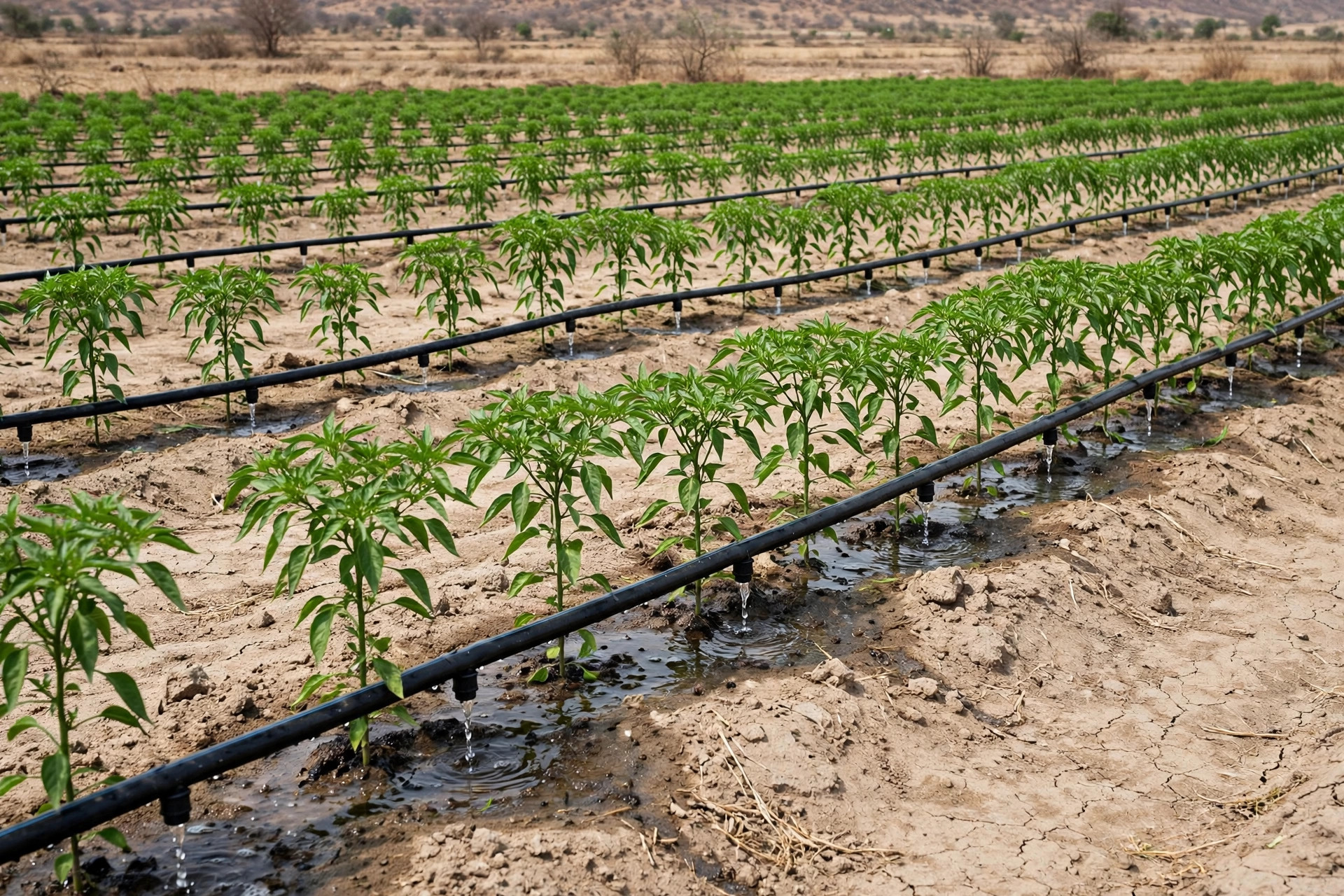 Drip irrigation lines delivering water to crop rows in a dry Indian field