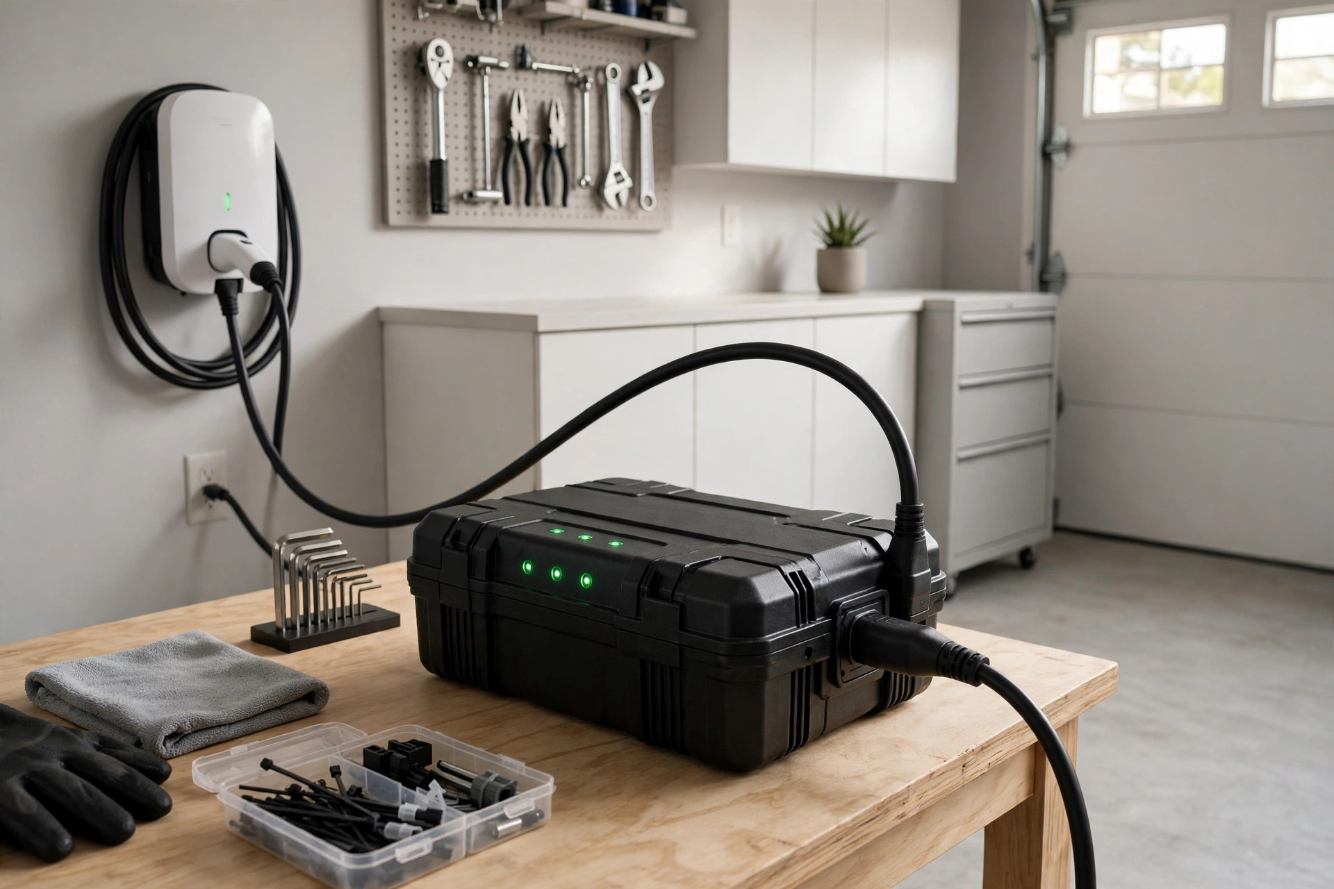 A close-up of an electric bike battery and charger in a cool shaded garage, with a charging cable connected, no people or text visible.